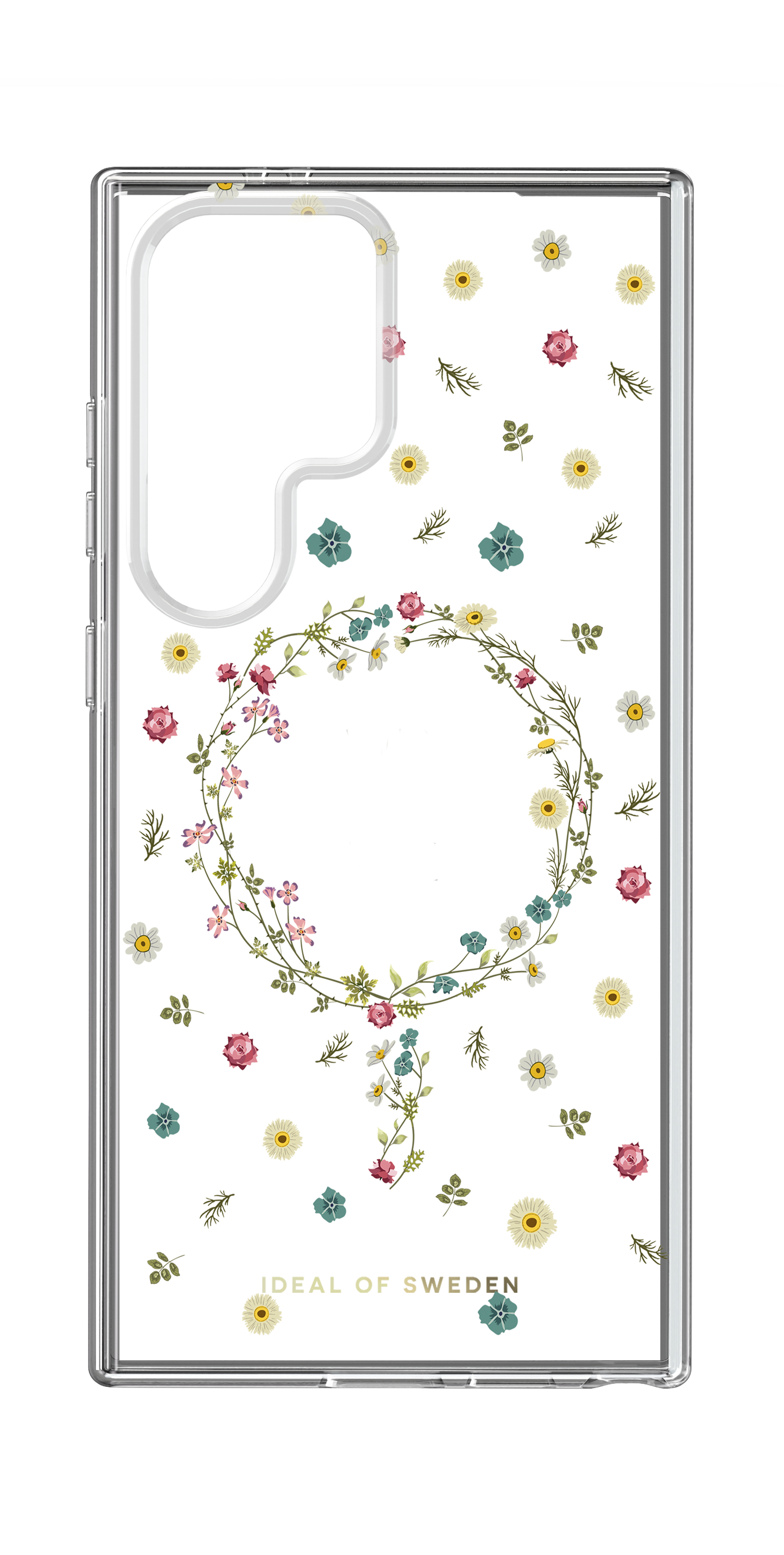 Transparente Handyhülle mit buntem Blumenkranz und Ideal of Sweden Logo.