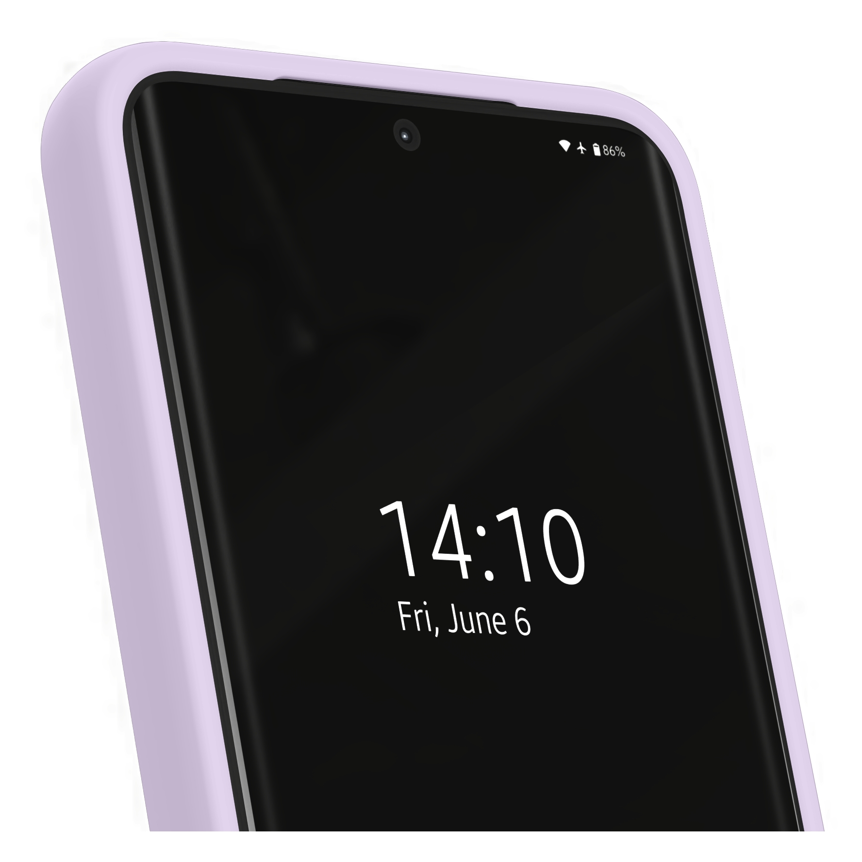 Ein Smartphone in einer hellvioletten Schutzhülle zeigt auf dem schwarzen Bildschirm die Uhrzeit 14:10 und das Datum an.