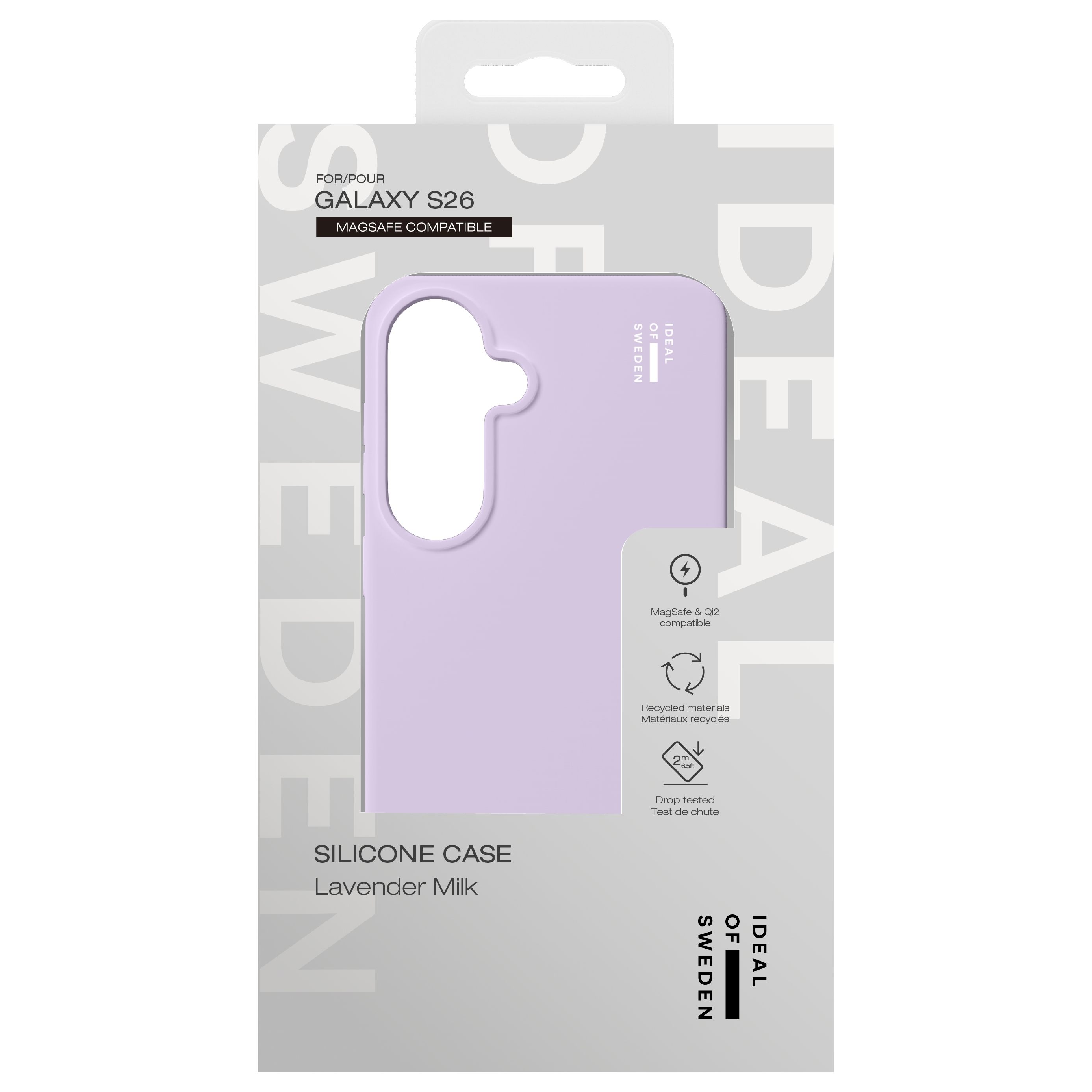 Lila Silikon Handyhülle für Galaxy S26 in weißer Verpackung mit Aufschrift.
