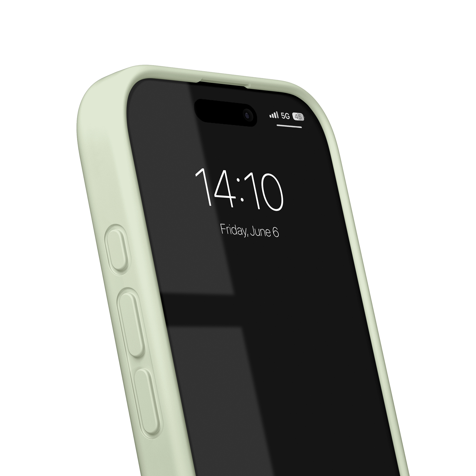 A light green smartphone in a case shows the time 14:10 and Friday, June 6 on its dark screen.