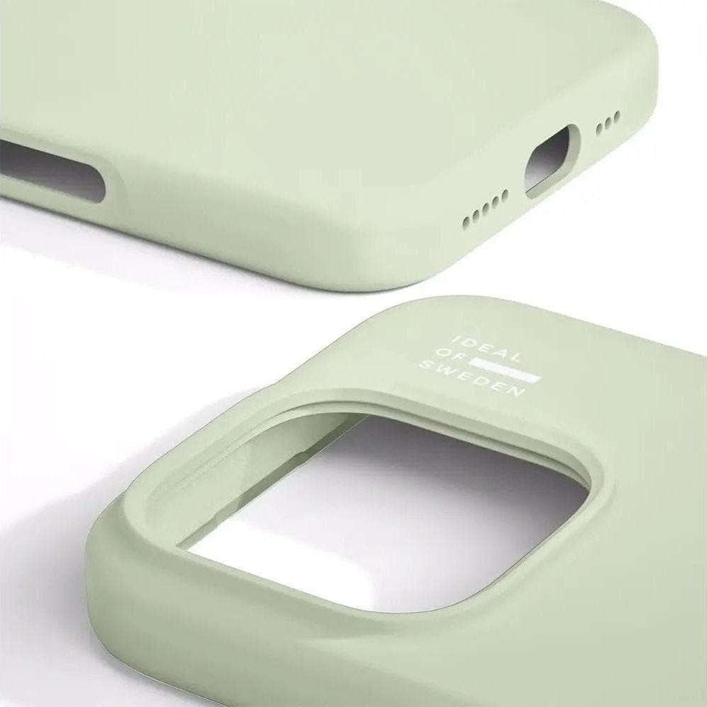 Pastel green phone case with Ideal of Sweden text on a white background.