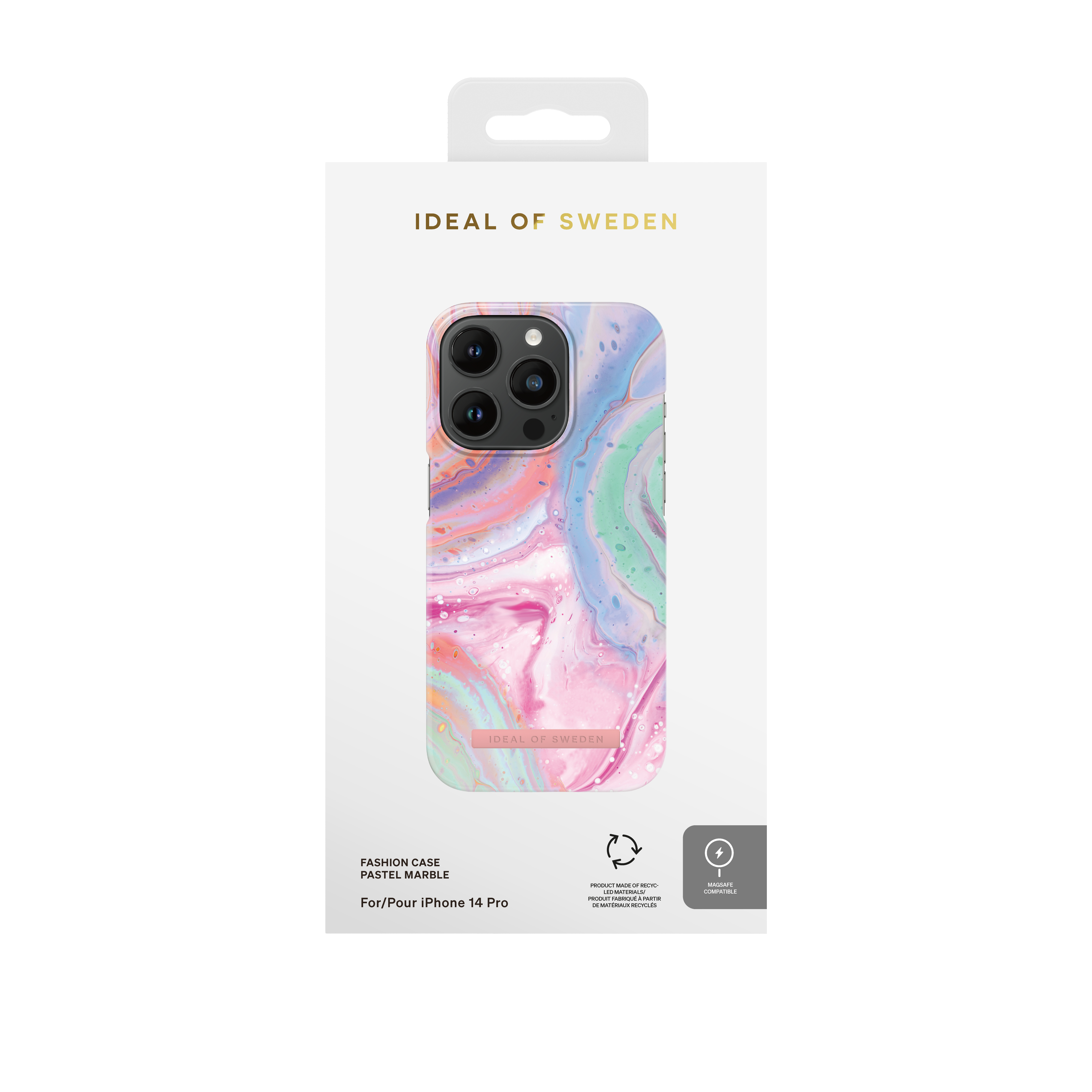Ideal of Sweden Pastell Marmor iPhone 14 Pro Schutzhülle in weißer Verpackung.