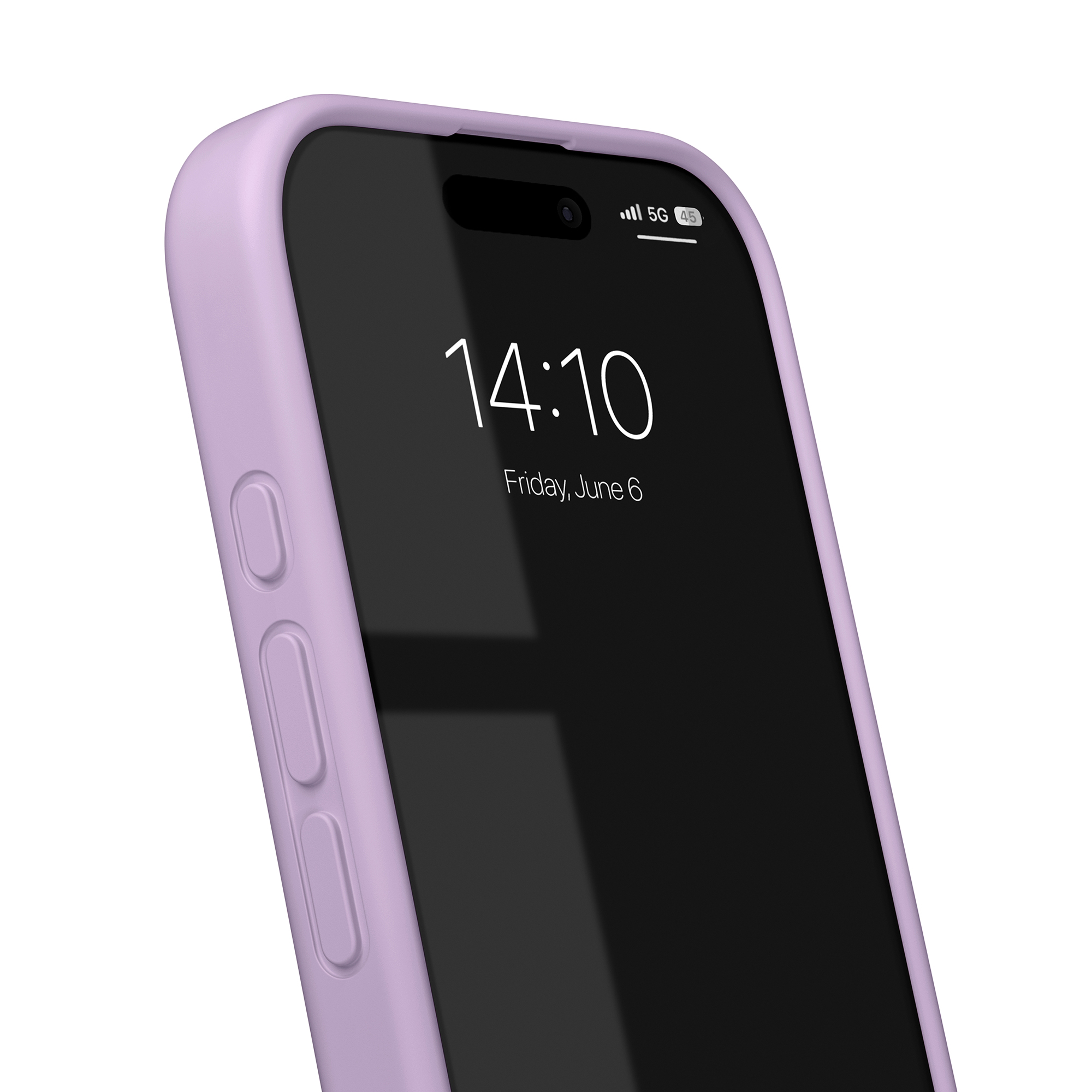 Ein Smartphone in einer hellvioletten Hülle zeigt auf dem Bildschirm 14:10 und Freitag, 6. Juni.