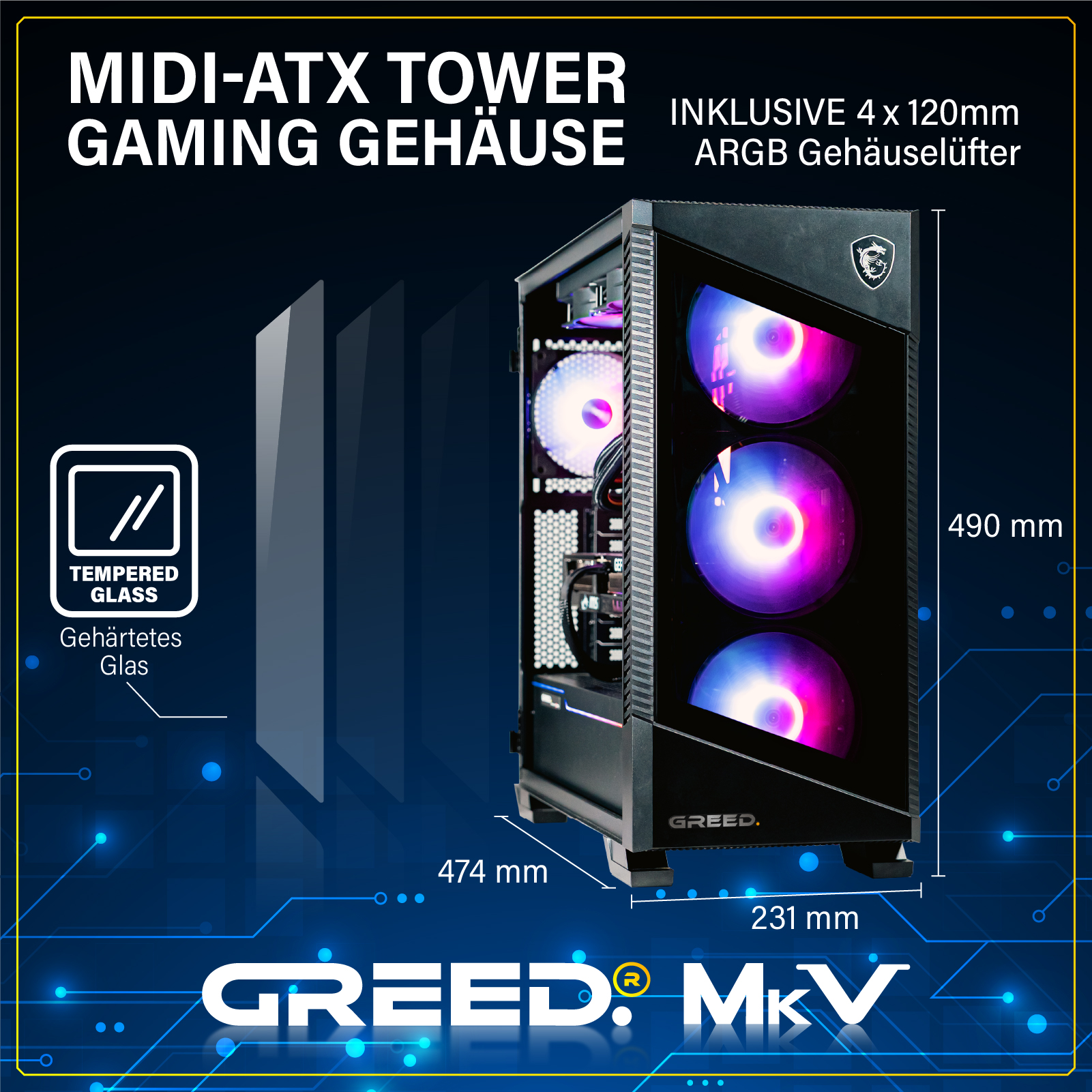 Schwarzes MIDI-ATX-Gaming-Gehäuse mit ARGB-Lüftern, Tempered Glass und technischen Maßen.