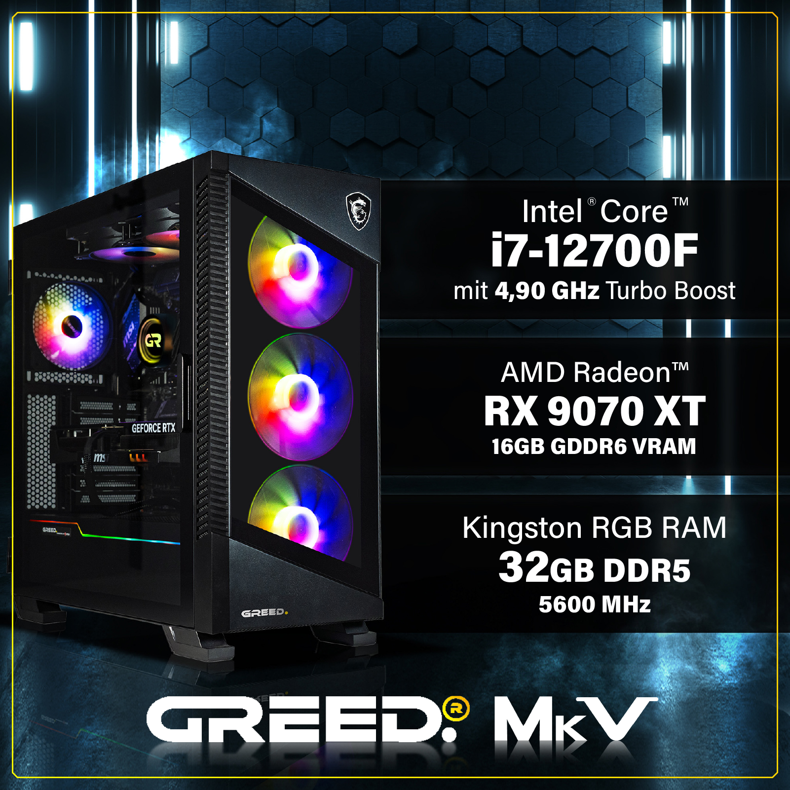 Gaming-PC mit RGB-Lüftern, Intel i7-12700F, AMD RX 9070 XT und 32GB RAM vor blauem Hintergrund.