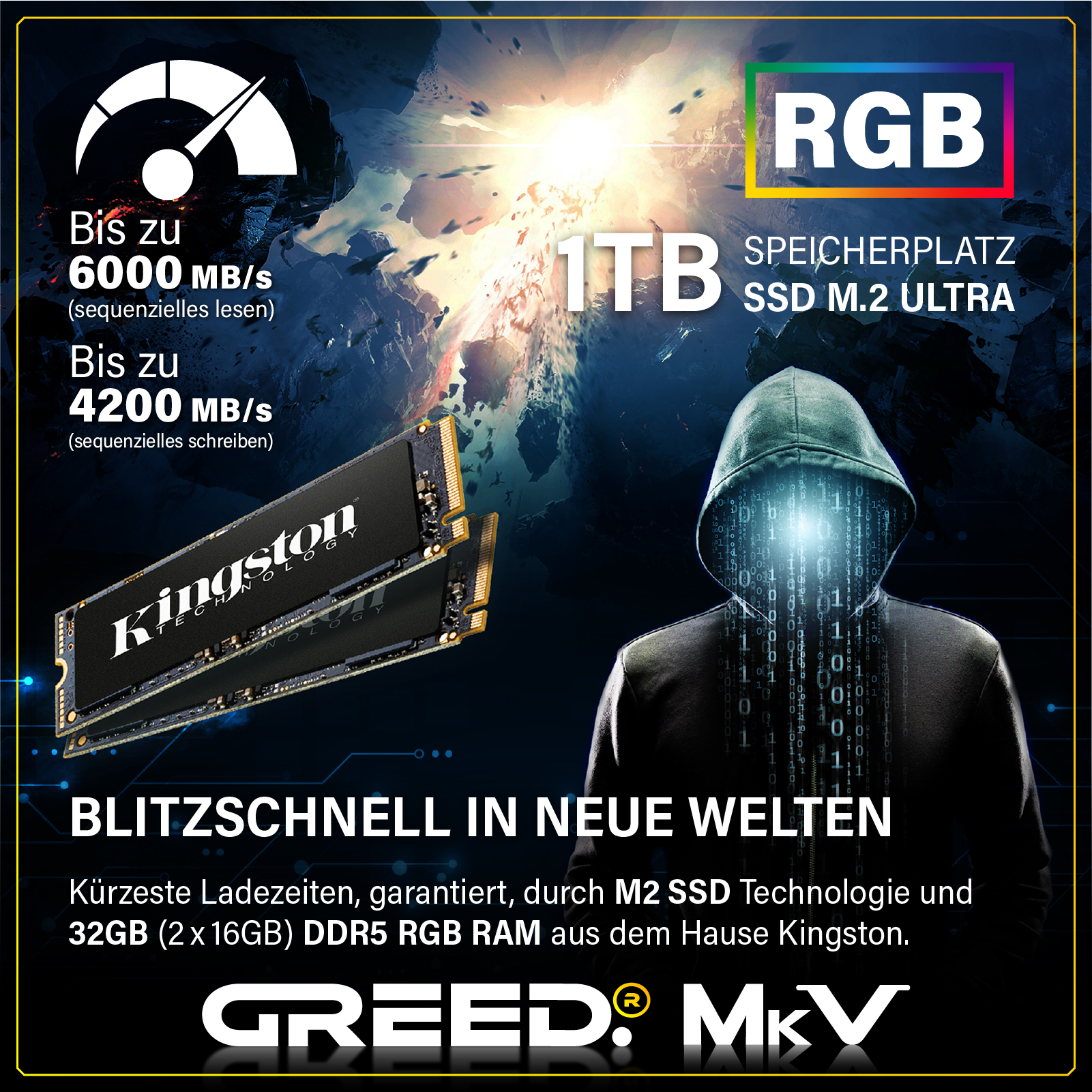 Werbebild für Kingston M.2 SSD und DDR5 RGB RAM mit einem geheimnisvollen, kapuzogenen Mann und technischen Details.