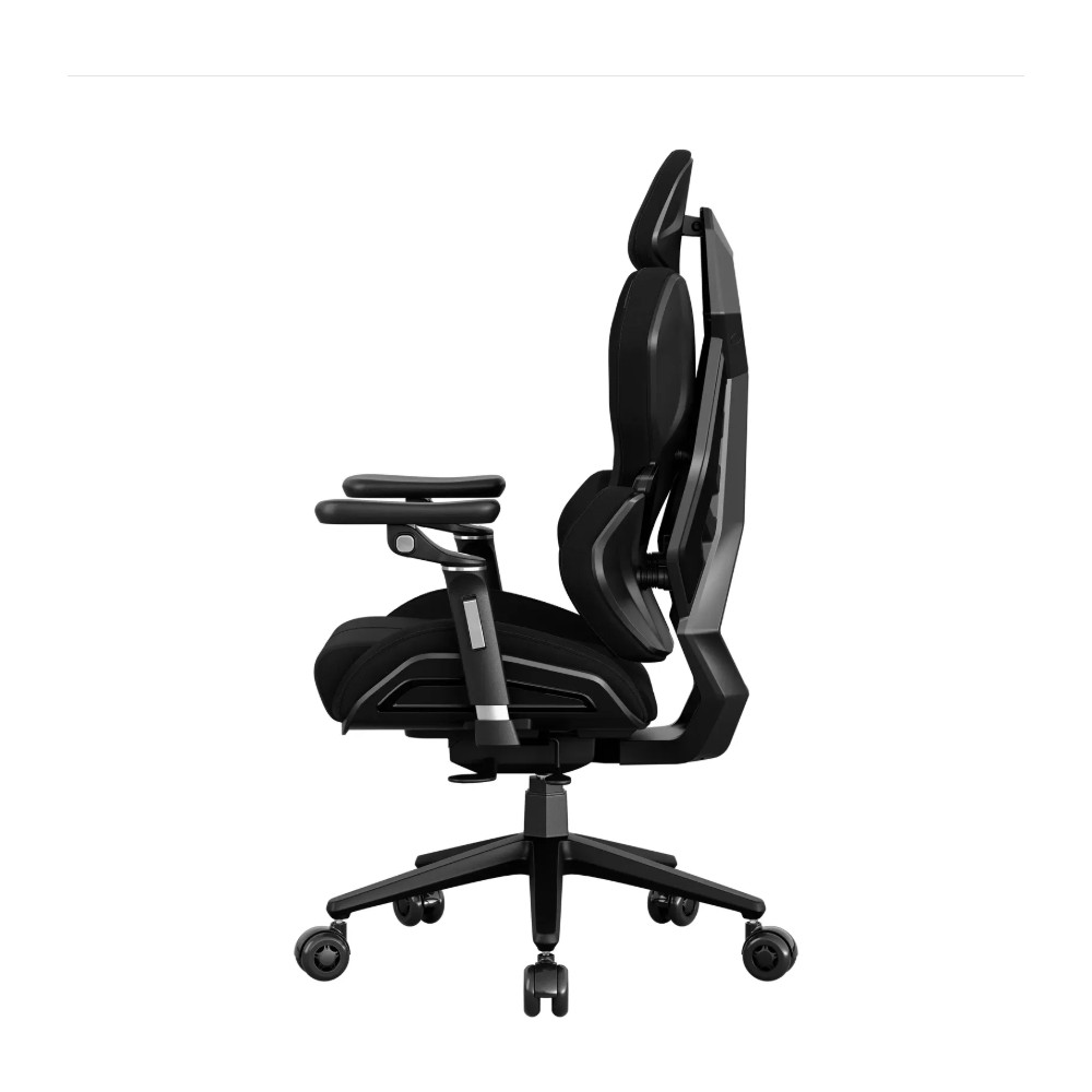 Tekerlekli ve ayarlanabilir kollu, modern siyah ergonomik ofis sandalyesinin yan görünümü.