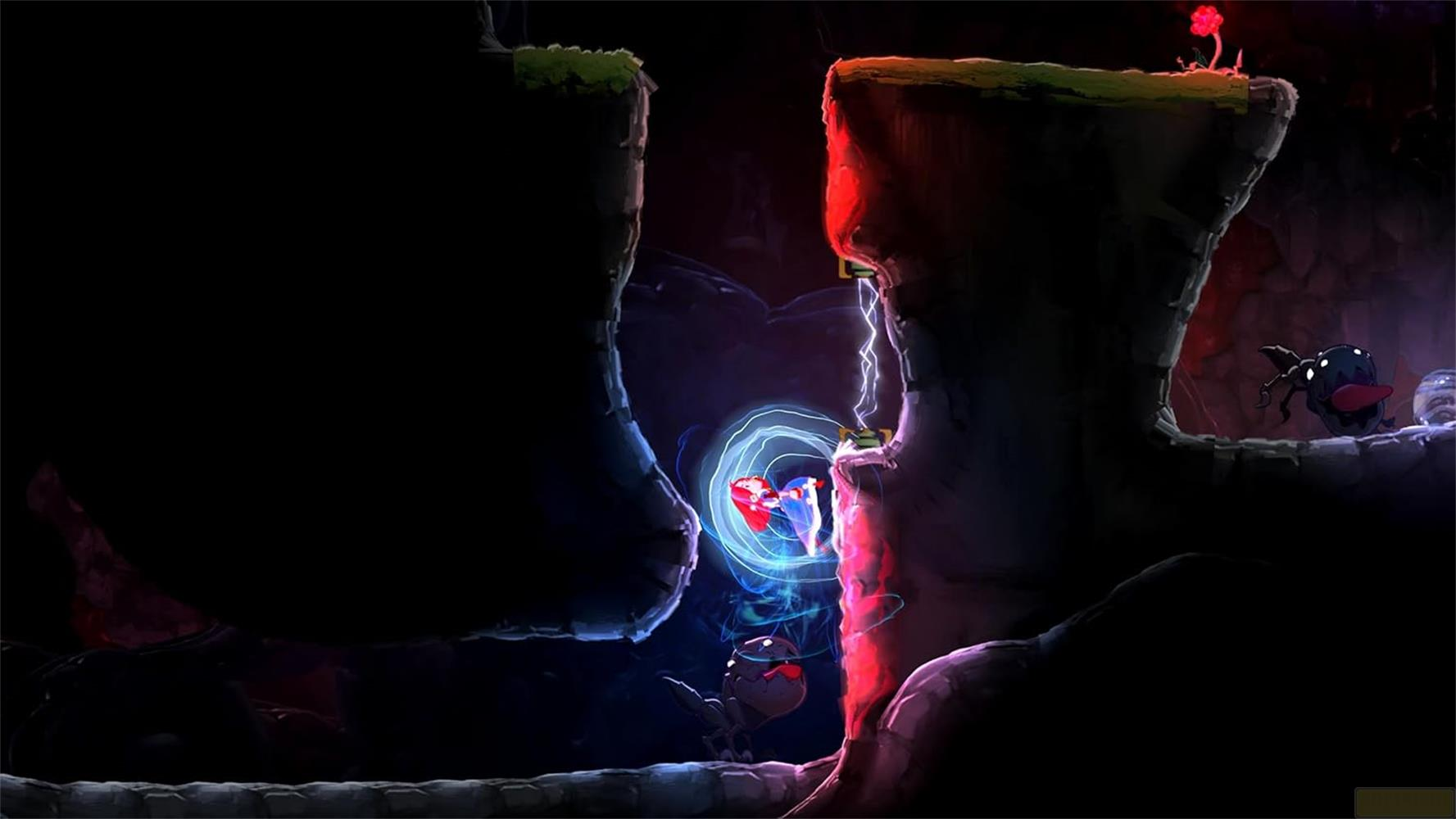 Un pequeño personaje rojo en una cueva oscura cerca de un portal azul brillante y rocas rojas.