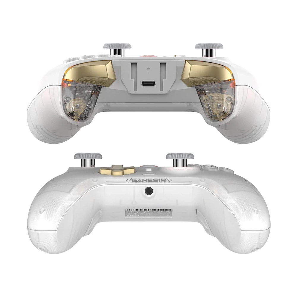 Weißer GameSir-Controller mit goldenen Akzenten, Vorder- und Oberseite vor neutralem Hintergrund.
