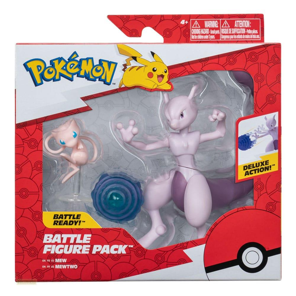 Ein Pokémon-Kampffiguren-Pack mit Mew- und Mewtwo-Figuren und einem blauen Effektteil in einer roten Schachtel.