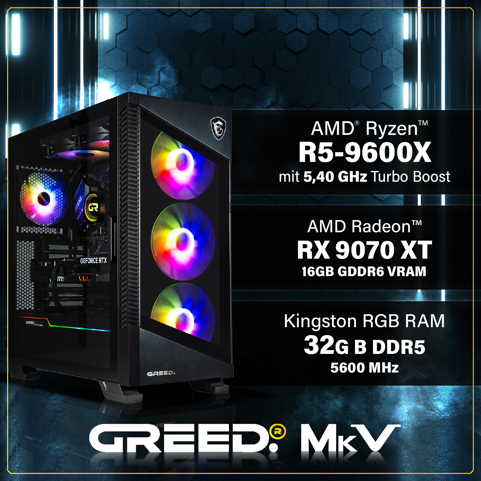 Gaming-PC mit RGB-Lüftern und AMD Ryzen 5, Radeon RX 9070 XT sowie 32 GB RAM.