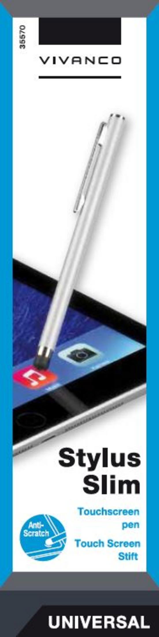 Embalaje para Vivanco Stylus Slim, un bolígrafo táctil universal con una tableta.