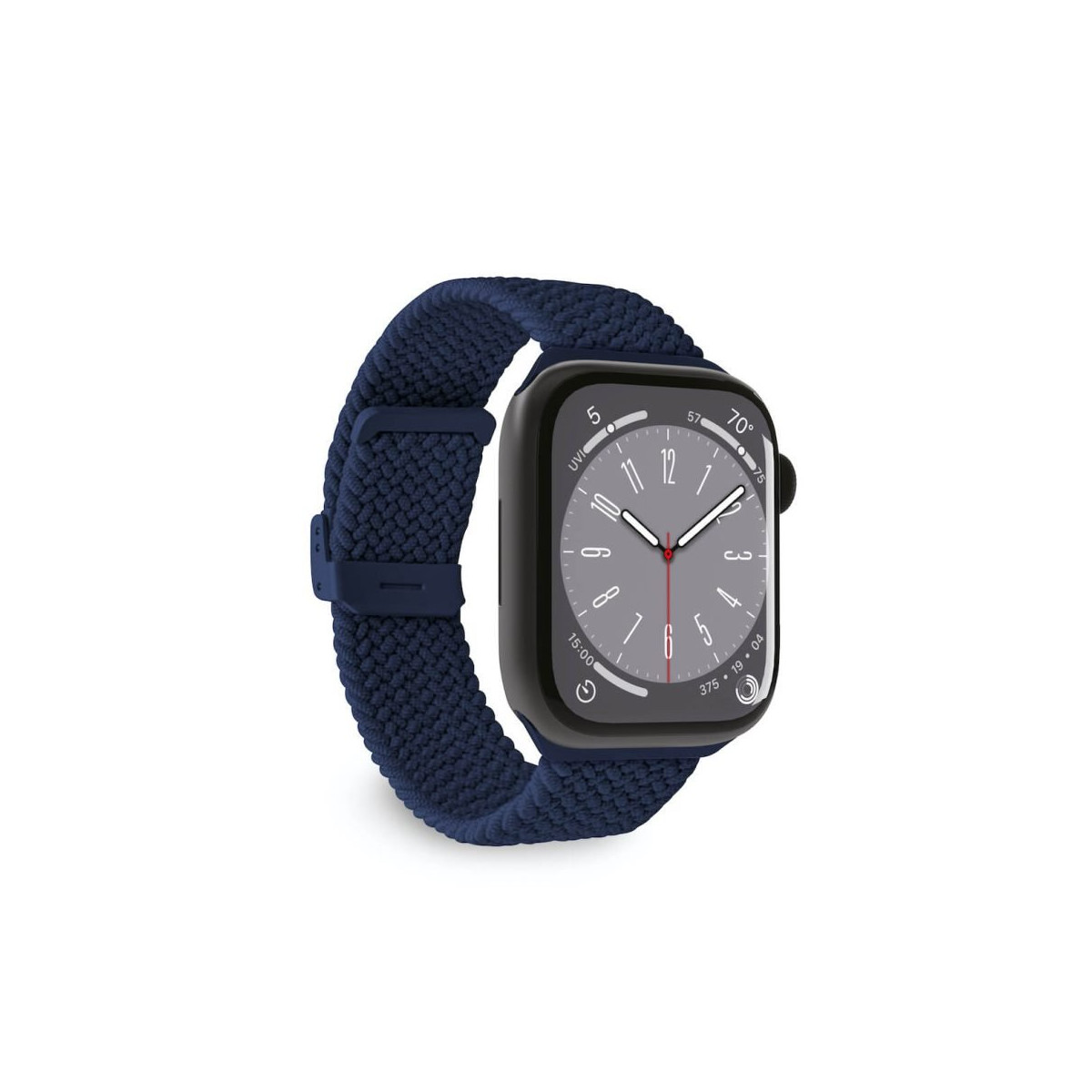 Eine schwarze Smartwatch mit strukturiertem, dunkelblauem Flechtarmband und analogem Zifferblatt auf weißem Grund.