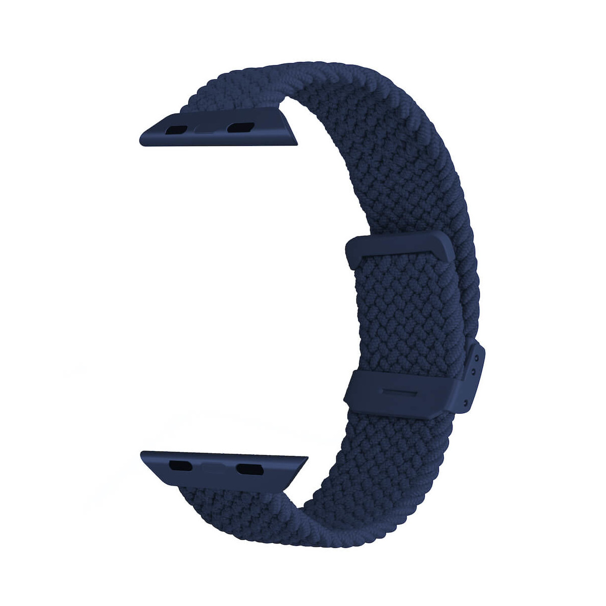 Ein dunkelblaues geflochtenes Solo-Loop-Smartwatch-Armband mit verstellbarer Schnalle vor weißem Hintergrund.