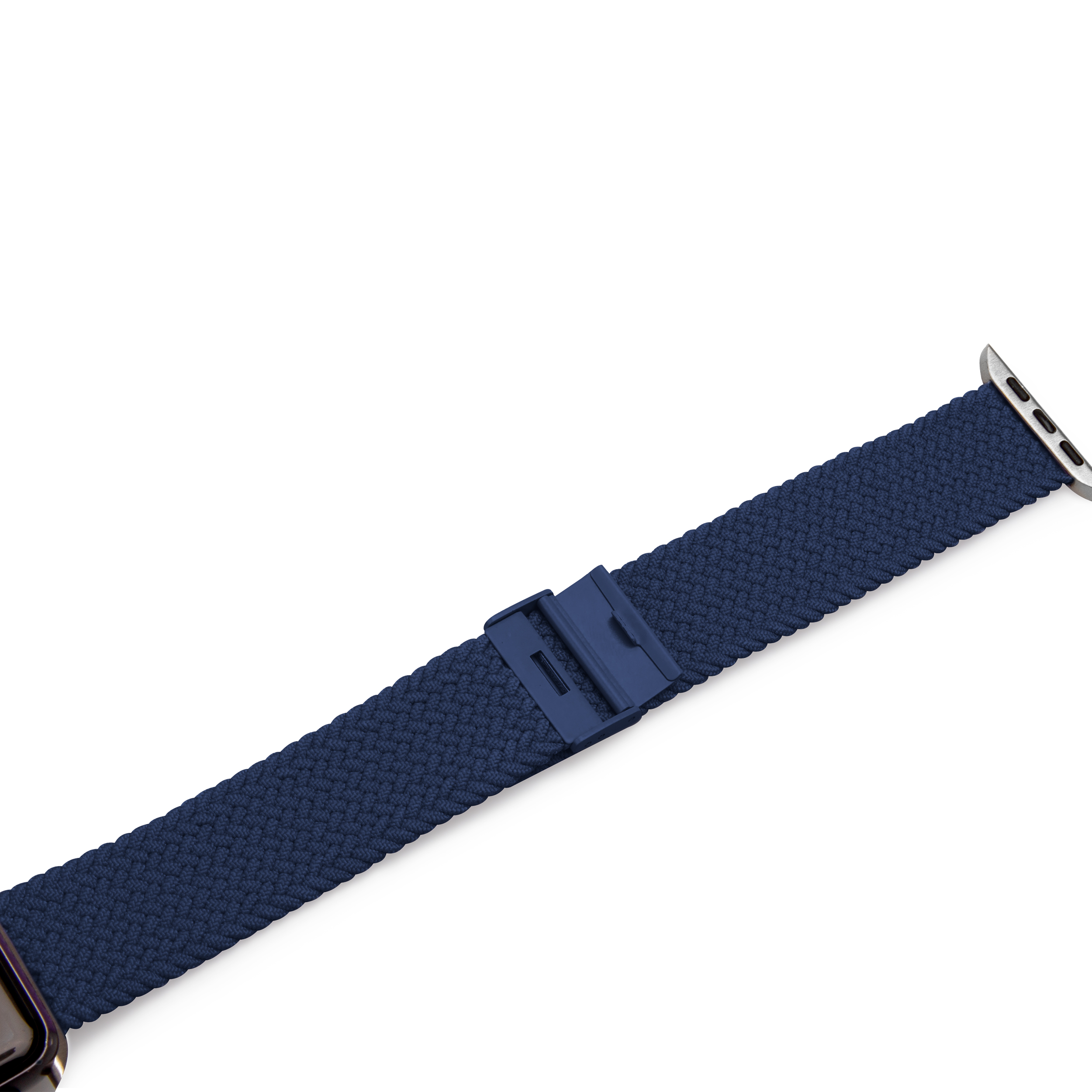 Ein dunkelblaues geflochtenes Nylon-Smartwatch-Armband mit passender verstellbarer Schnalle auf weißem Hintergrund.