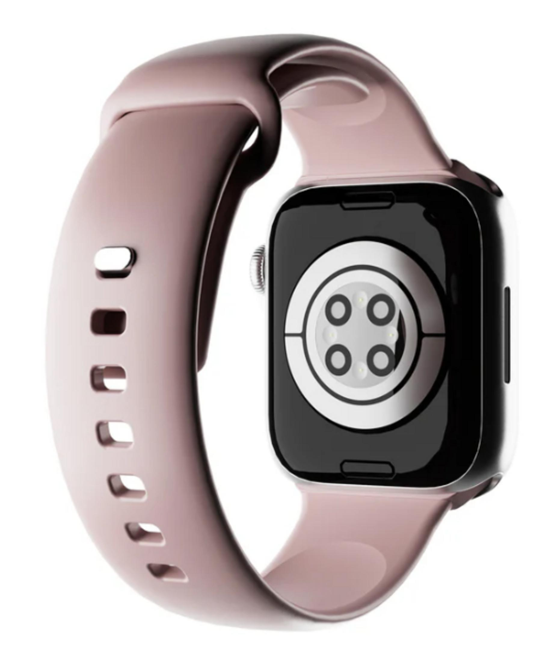 Uno smartwatch rosa con sensori sul retro e cinturino in silicone abbinato su sfondo bianco.