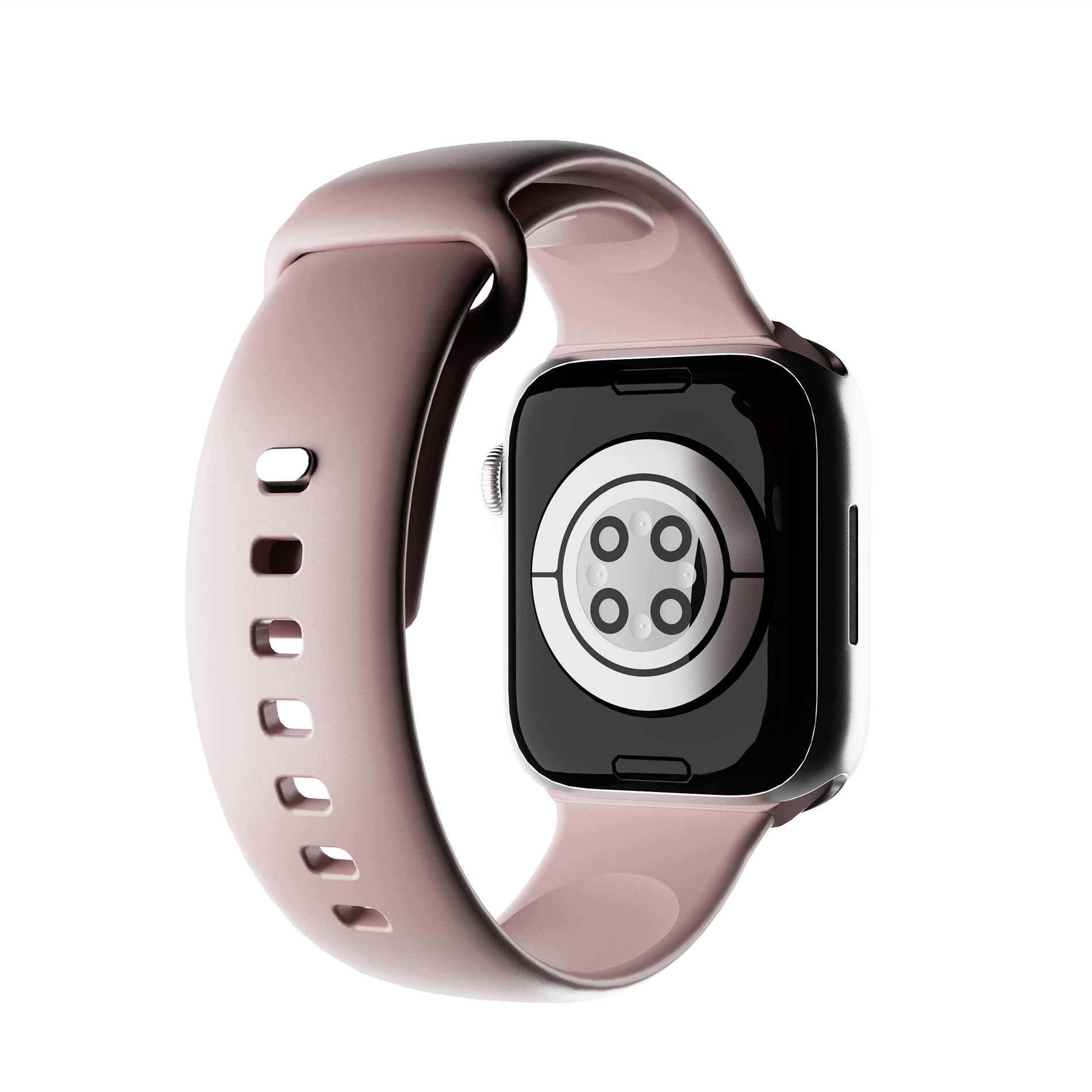 Uno smartwatch rosa visto da dietro, che mostra i suoi sensori su sfondo bianco.