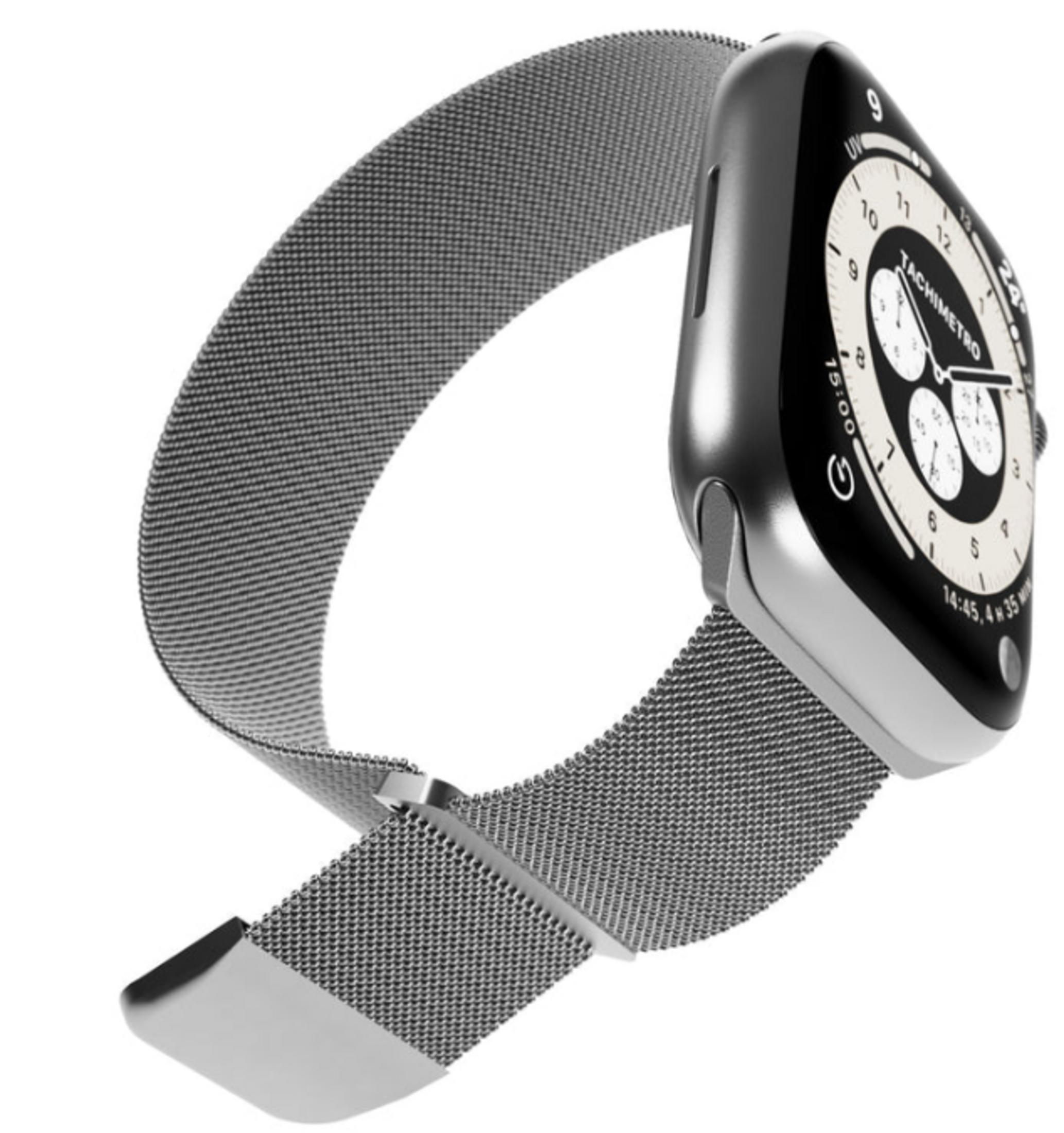 Eine silberne Smartwatch mit milanesischem Metallarmband vor weißem Hintergrund.