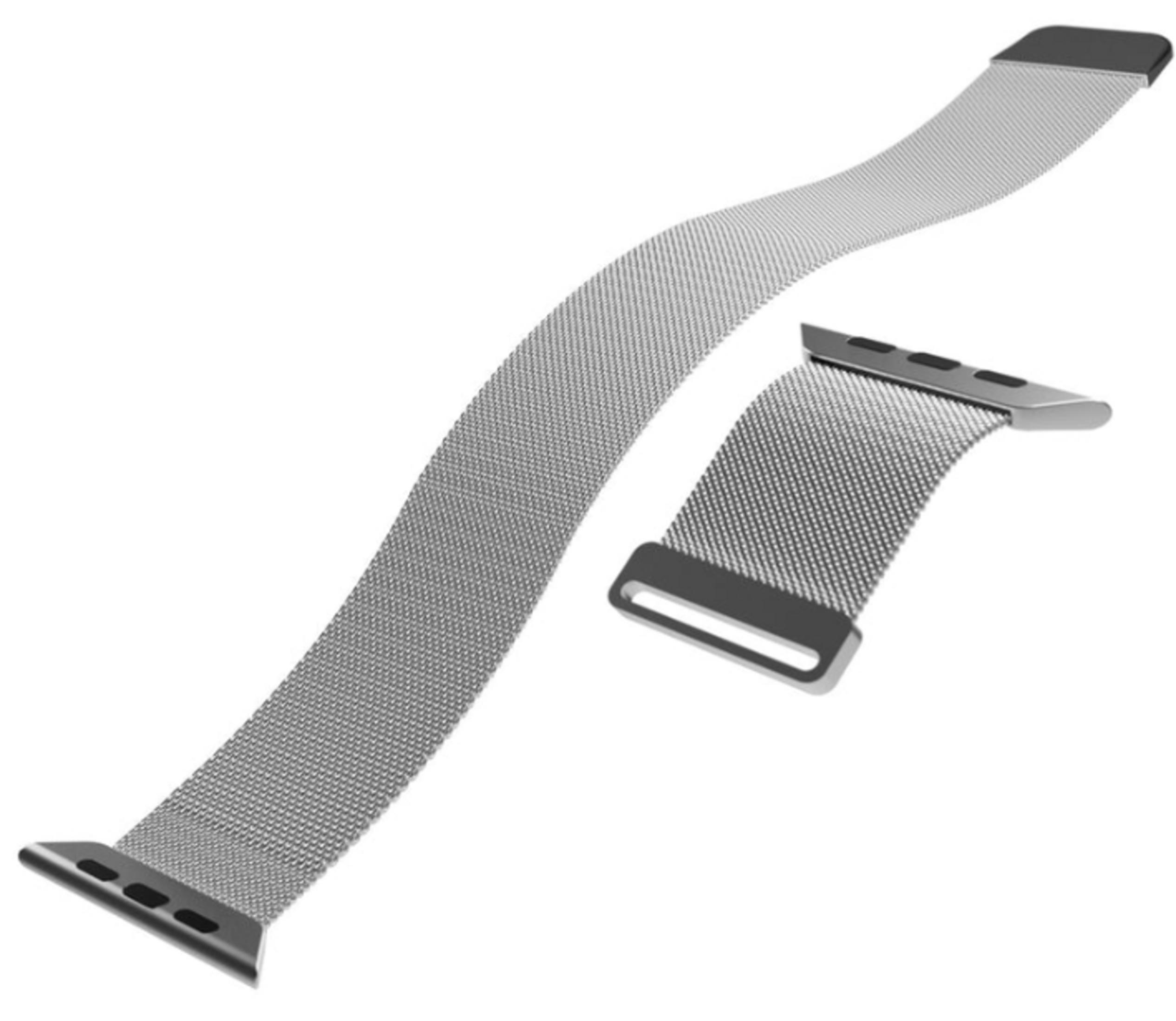 Zwei silberne Metallnetz-Uhrenarmbänder auf weißem Hintergrund, eines lang und gewellt, eines kurz.