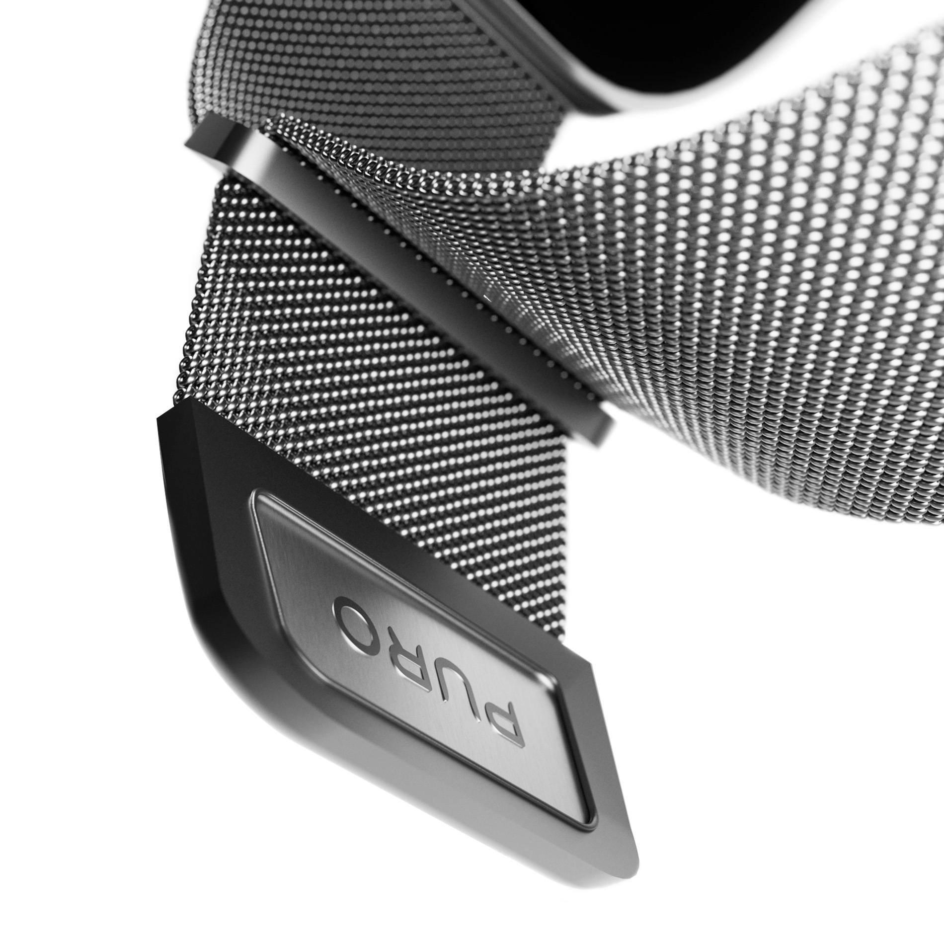 Nahaufnahme eines dunklen Metallarmbands mit geprägtem Puro-Logo auf dem Verschluss vor weißem Hintergrund.
