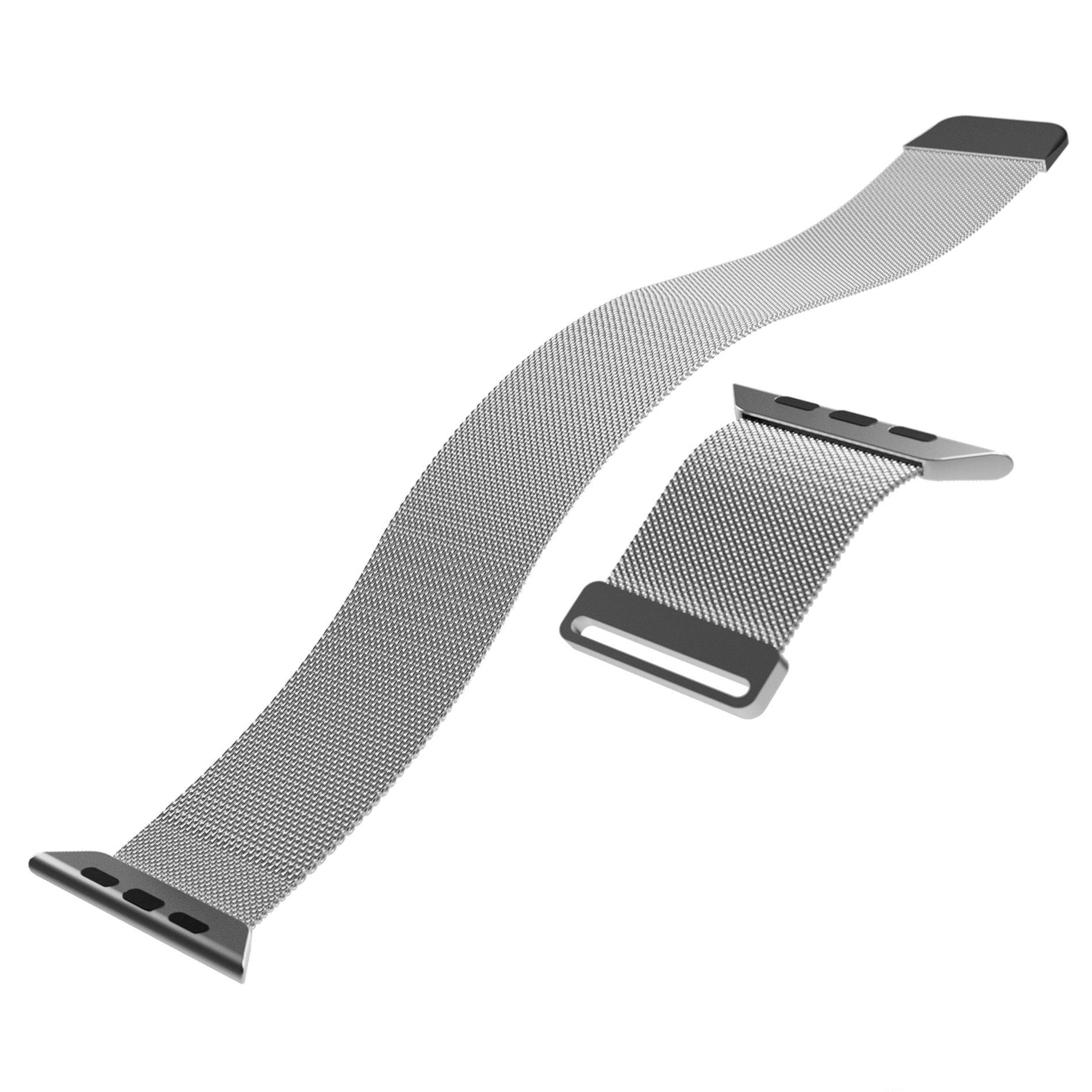 Zwei silberne Mesh-Uhrenarmbänder mit Adaptern liegen auf einem weißen Hintergrund.