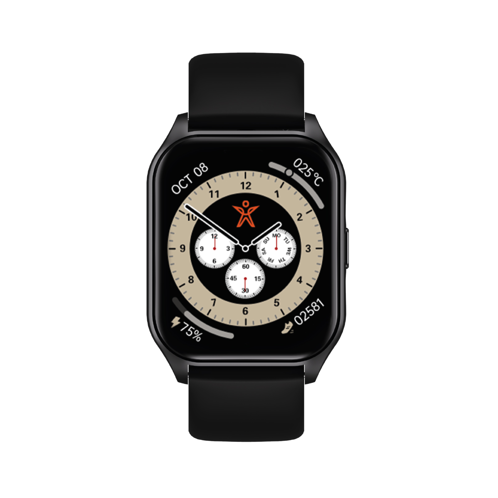 Smartwatch nero con display quadrato e quadrante analogico.