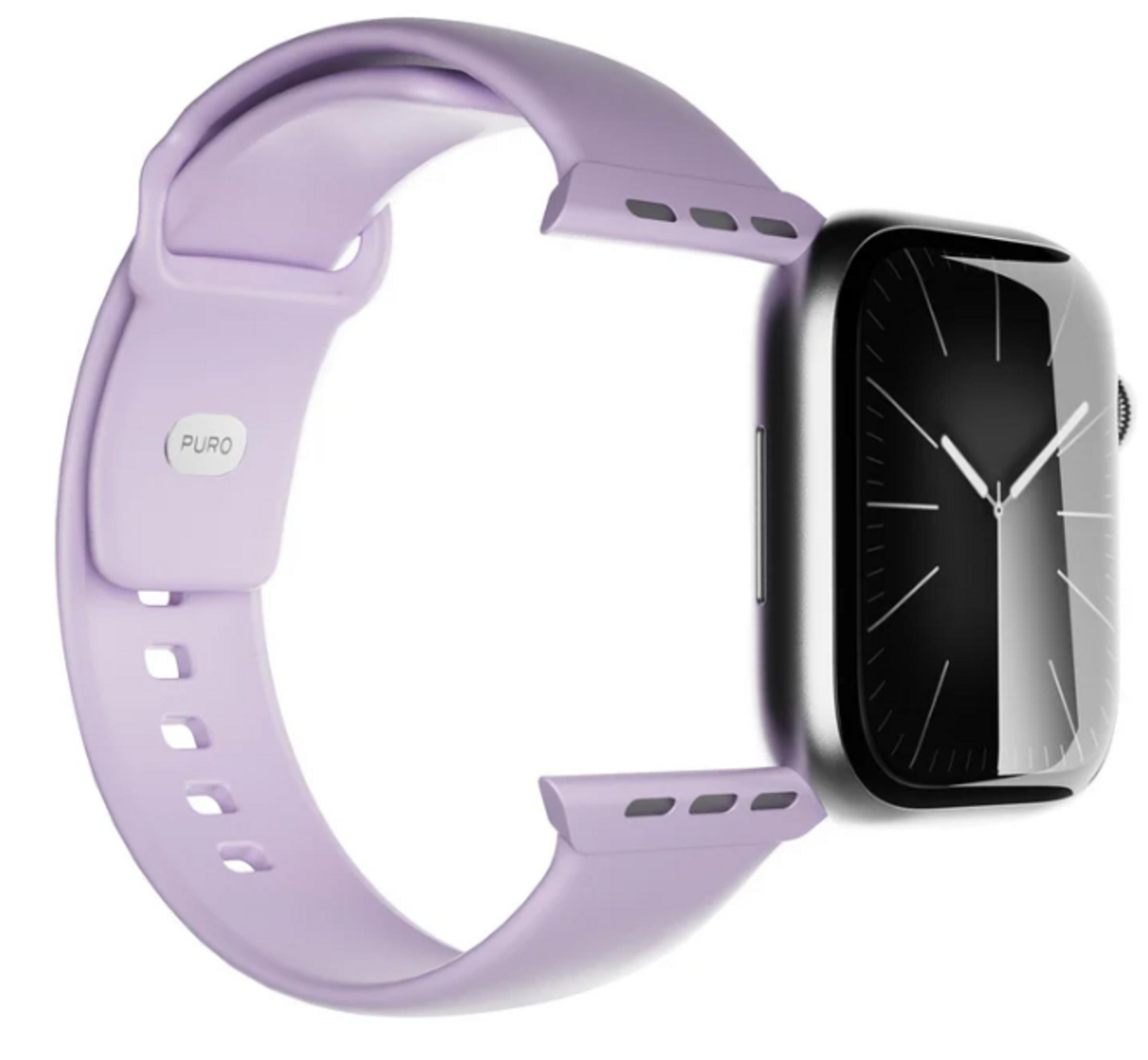 Uno smartwatch argentato con schermo nero e cinturino in silicone viola chiaro su sfondo bianco.