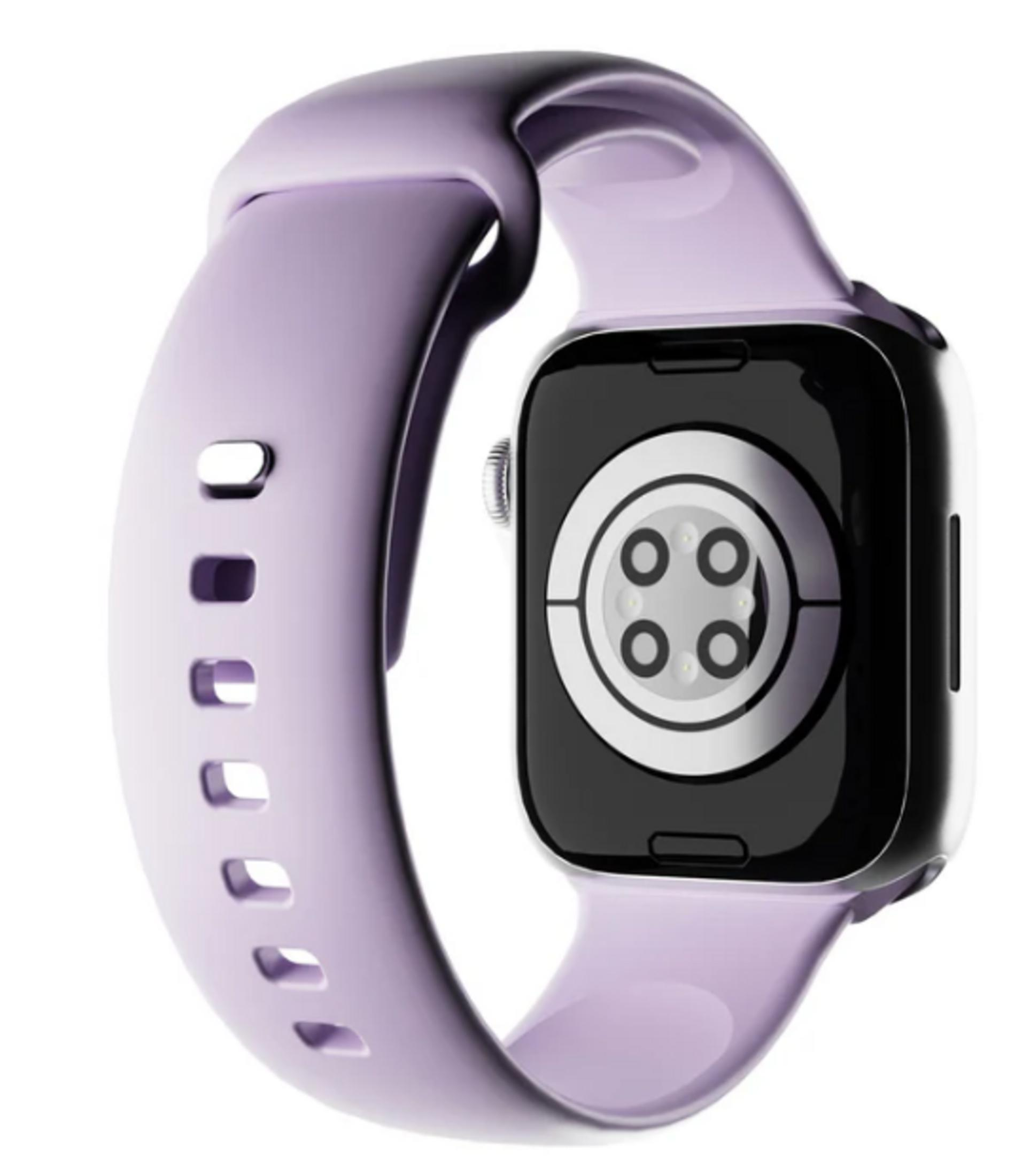 Il retro di uno smartwatch viola mostra sensori nel cerchio bianco.