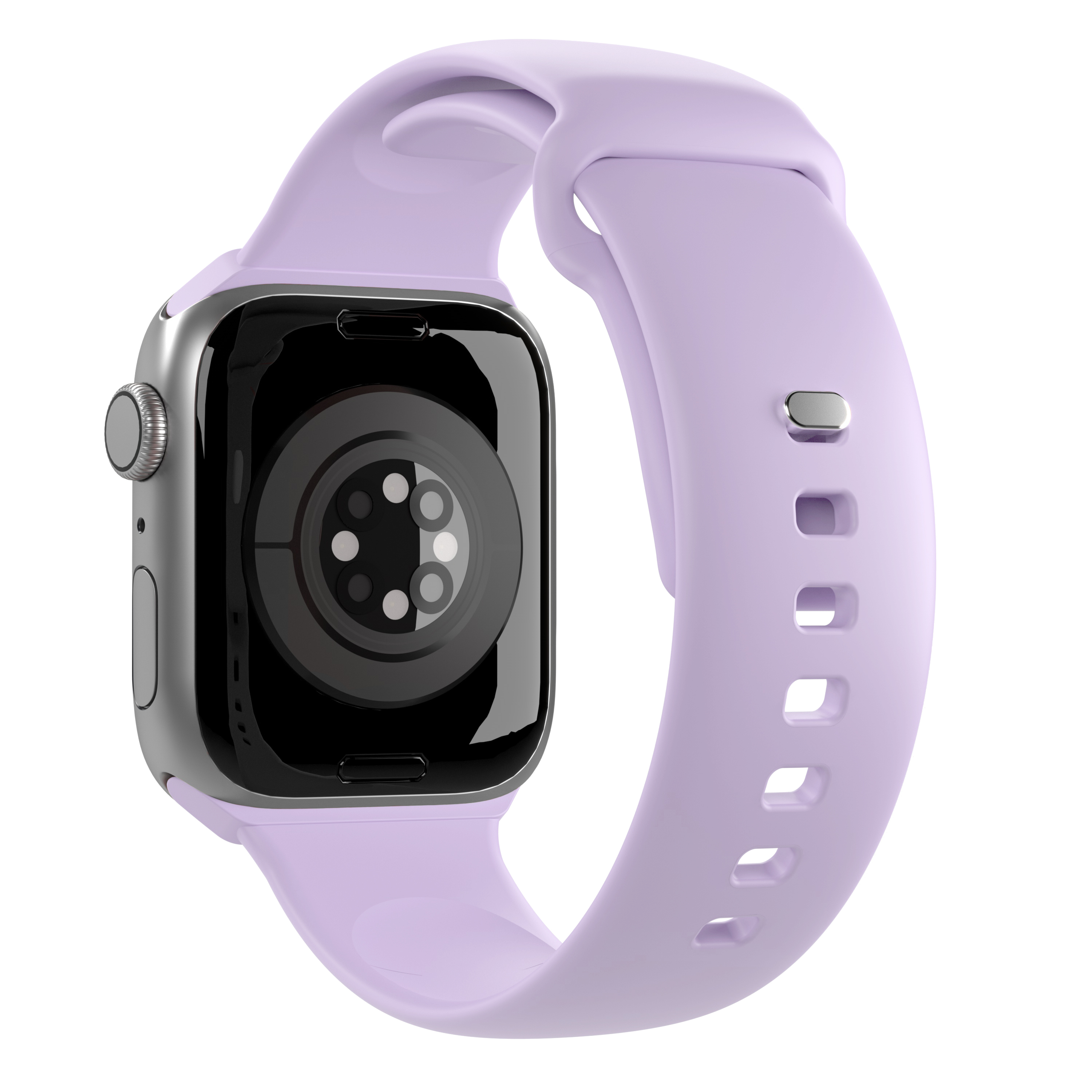 Uno smartwatch argento con sensori neri sul retro e un cinturino in silicone viola chiaro su sfondo bianco.