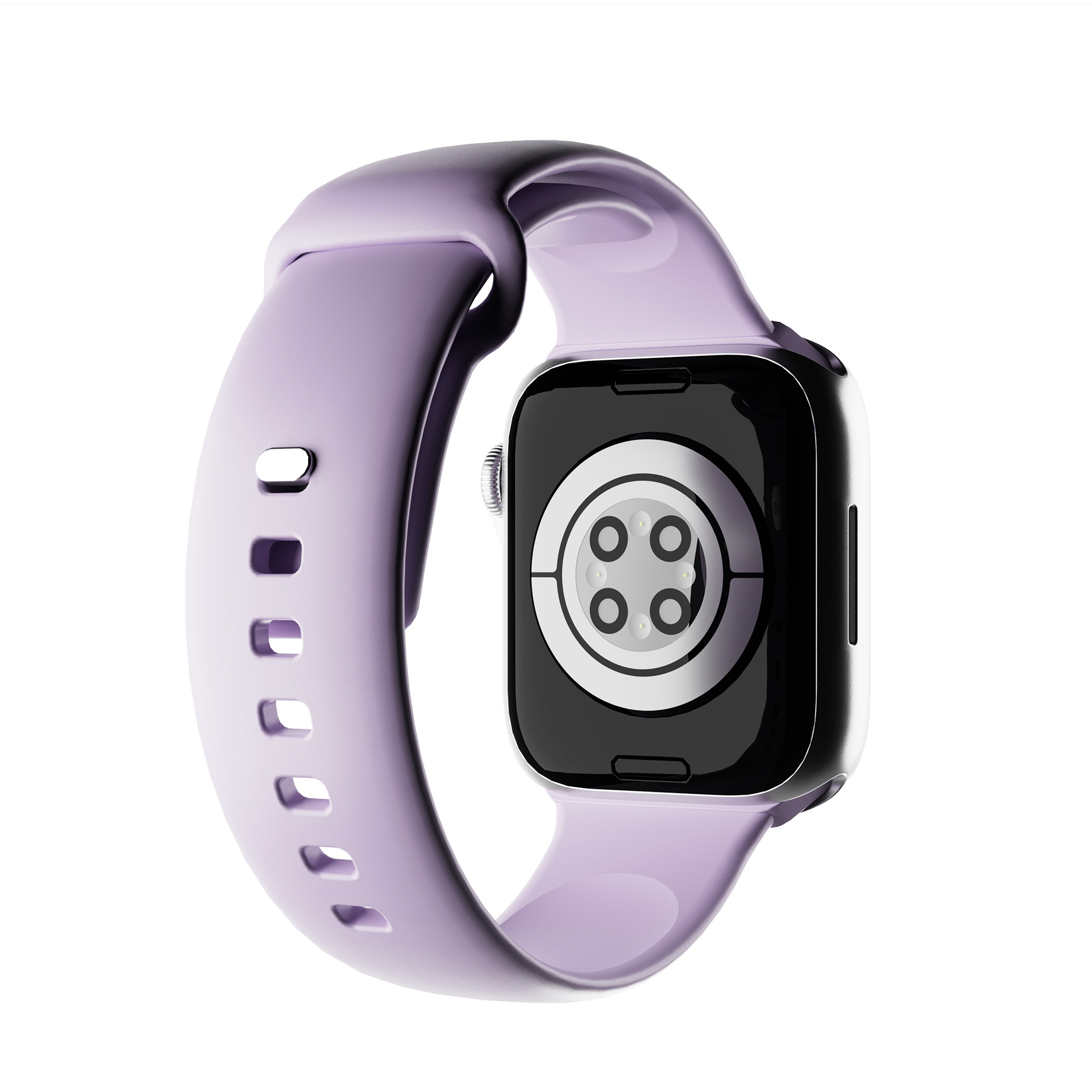 Retro di uno smartwatch viola con sensori su sfondo bianco.