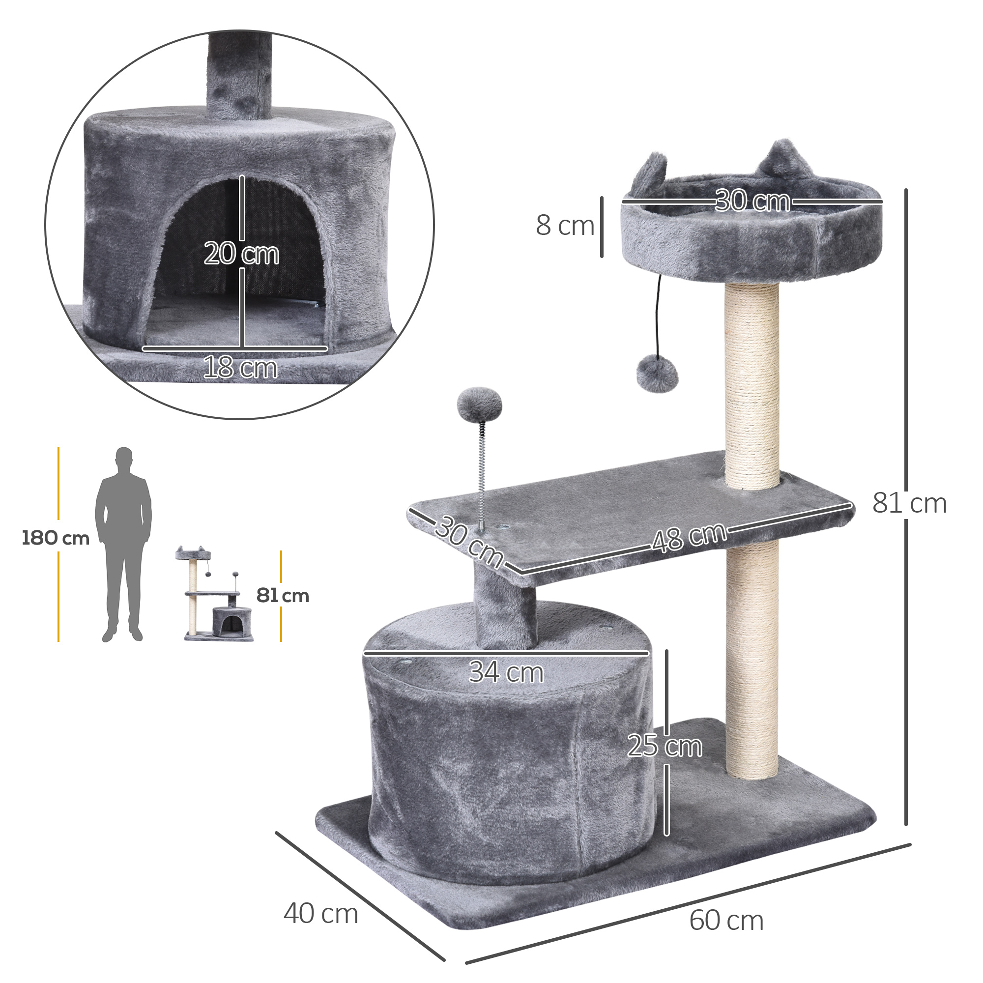 Árbol para gatos gris con dimensiones, cueva, plataforma y postes.