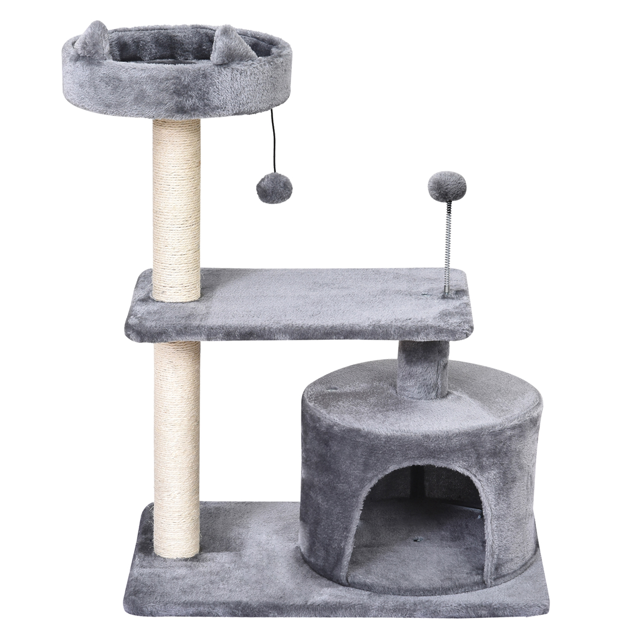 Un árbol para gatos gris con postes rascadores, una cueva, una plataforma y juguetes en fondo blanco.