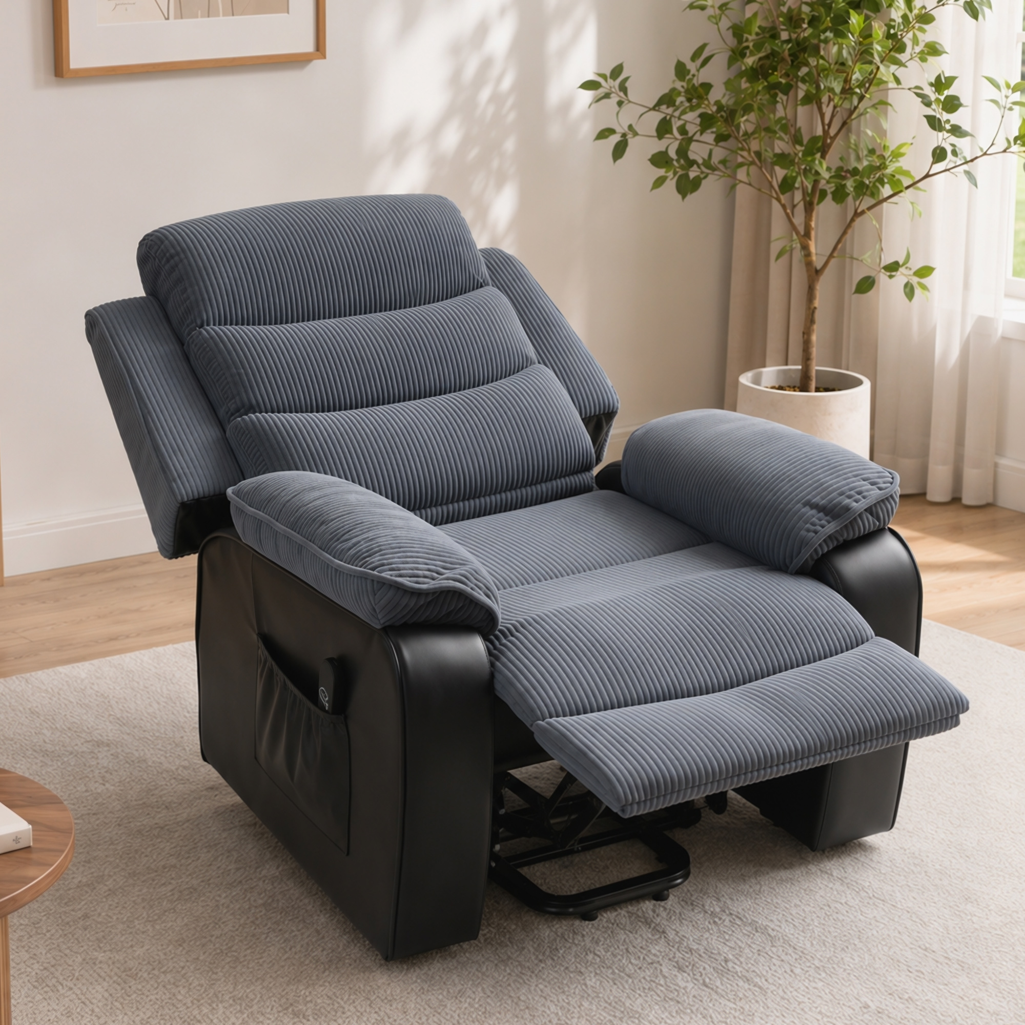 Un sillón reclinable de pana gris y cuero negro sobre una alfombra clara en una habitación luminosa con una planta.