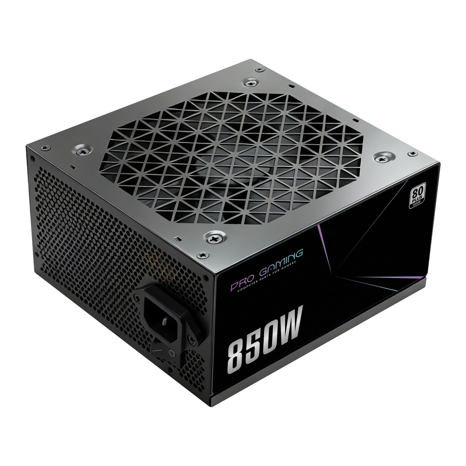 Un alimentatore per PC nero da 850W con griglia per ventola e scritta Pro Gaming su sfondo bianco.