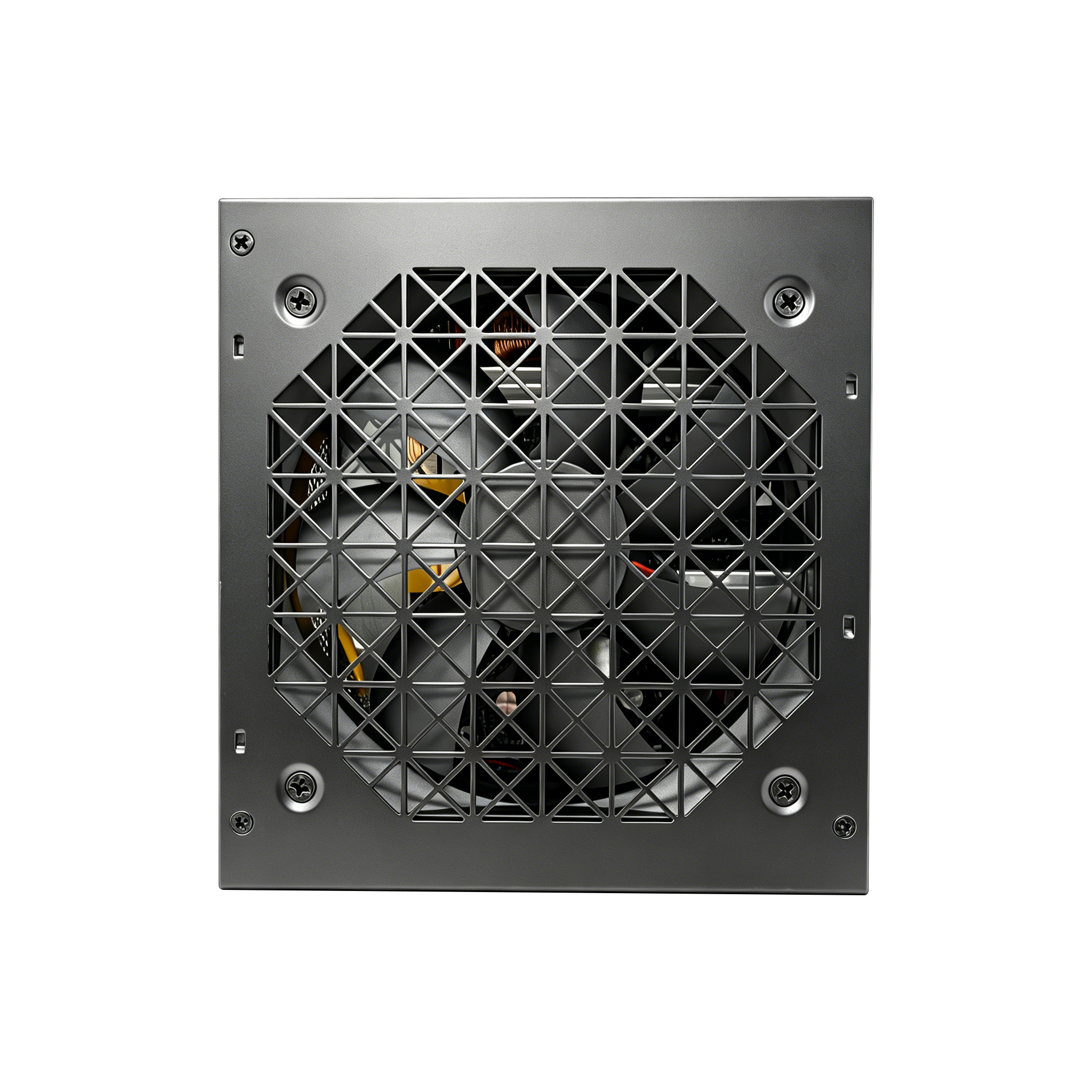 Un alimentatore per PC nero con custodia quadrata, griglia di protezione e ventola al centro.