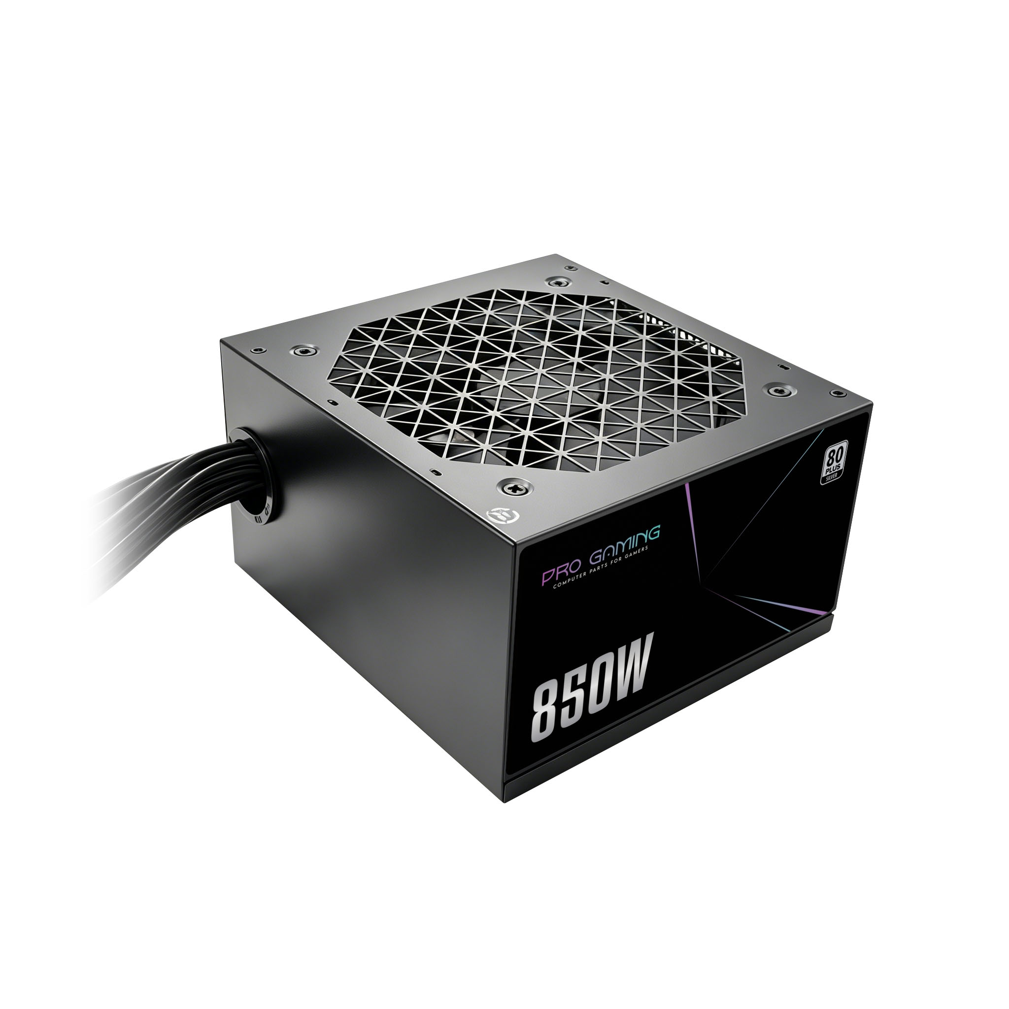 Un alimentatore nero Pro Gaming 850W con ventola a griglia triangolare e cavi su sfondo bianco.