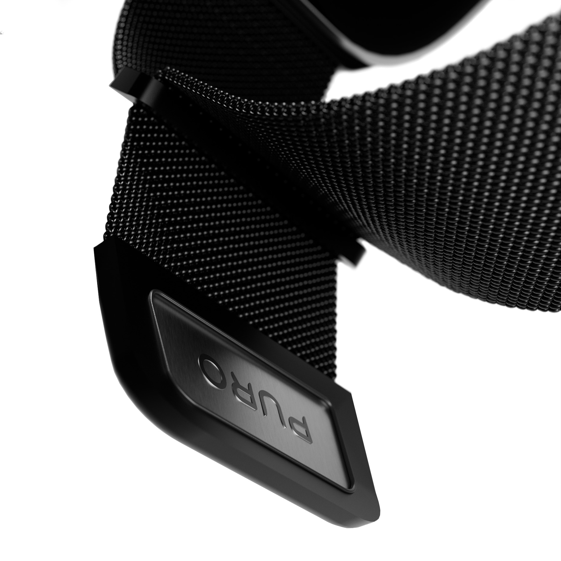 Un cinturino per orologio in maglia di metallo nero con la scritta incisa PURO.