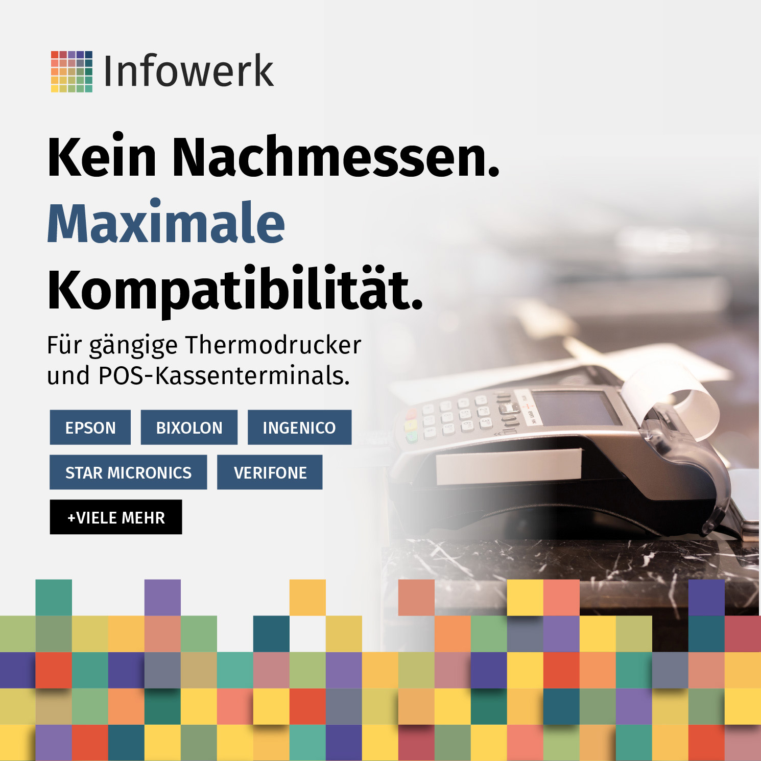 Werbebild von Infowerk mit Kassenterminal und Druckermarken wie Epson und Verifone auf farbigem Mosaikgrund.