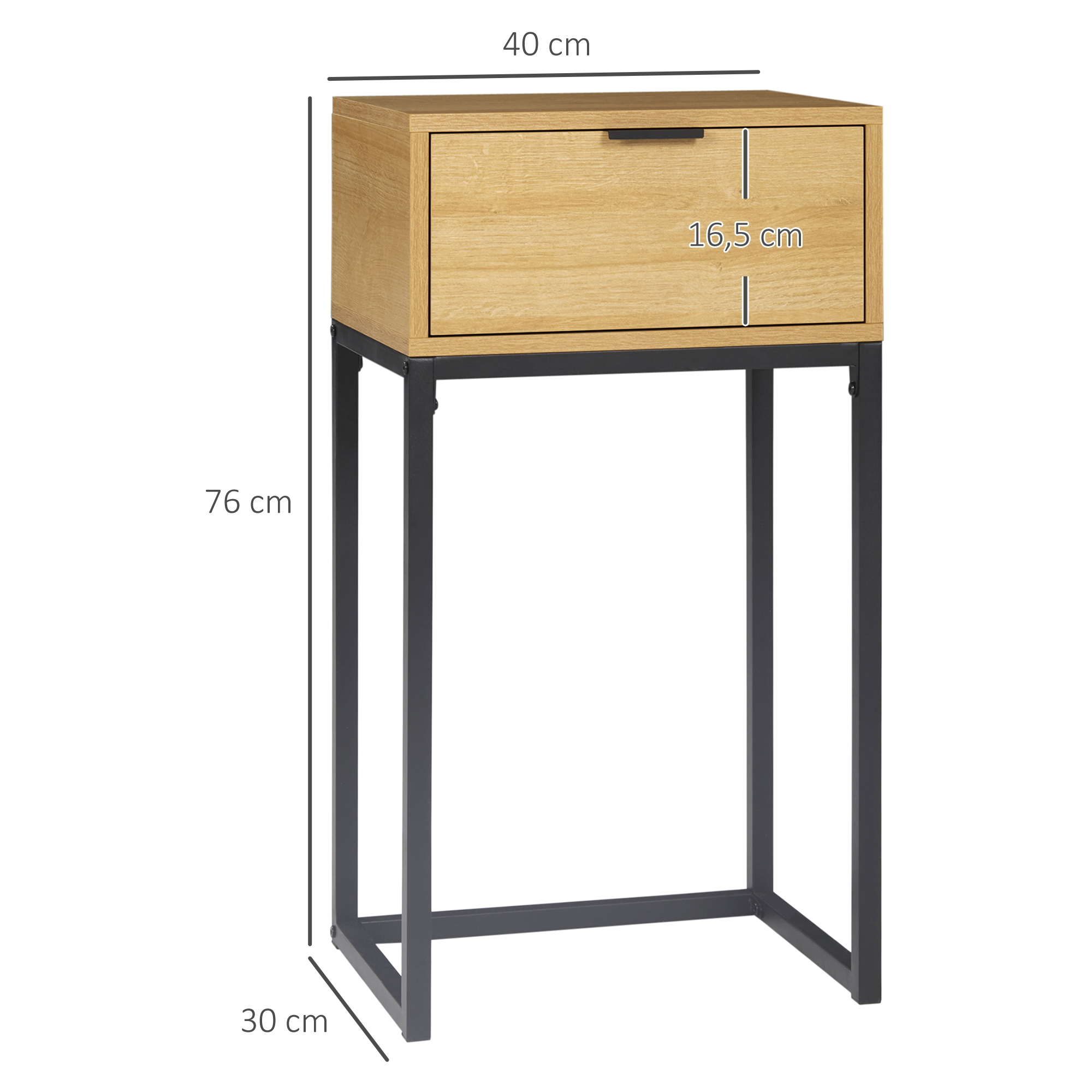 Mesita de noche color madera con un cajón y estructura de metal negro, con dimensiones.