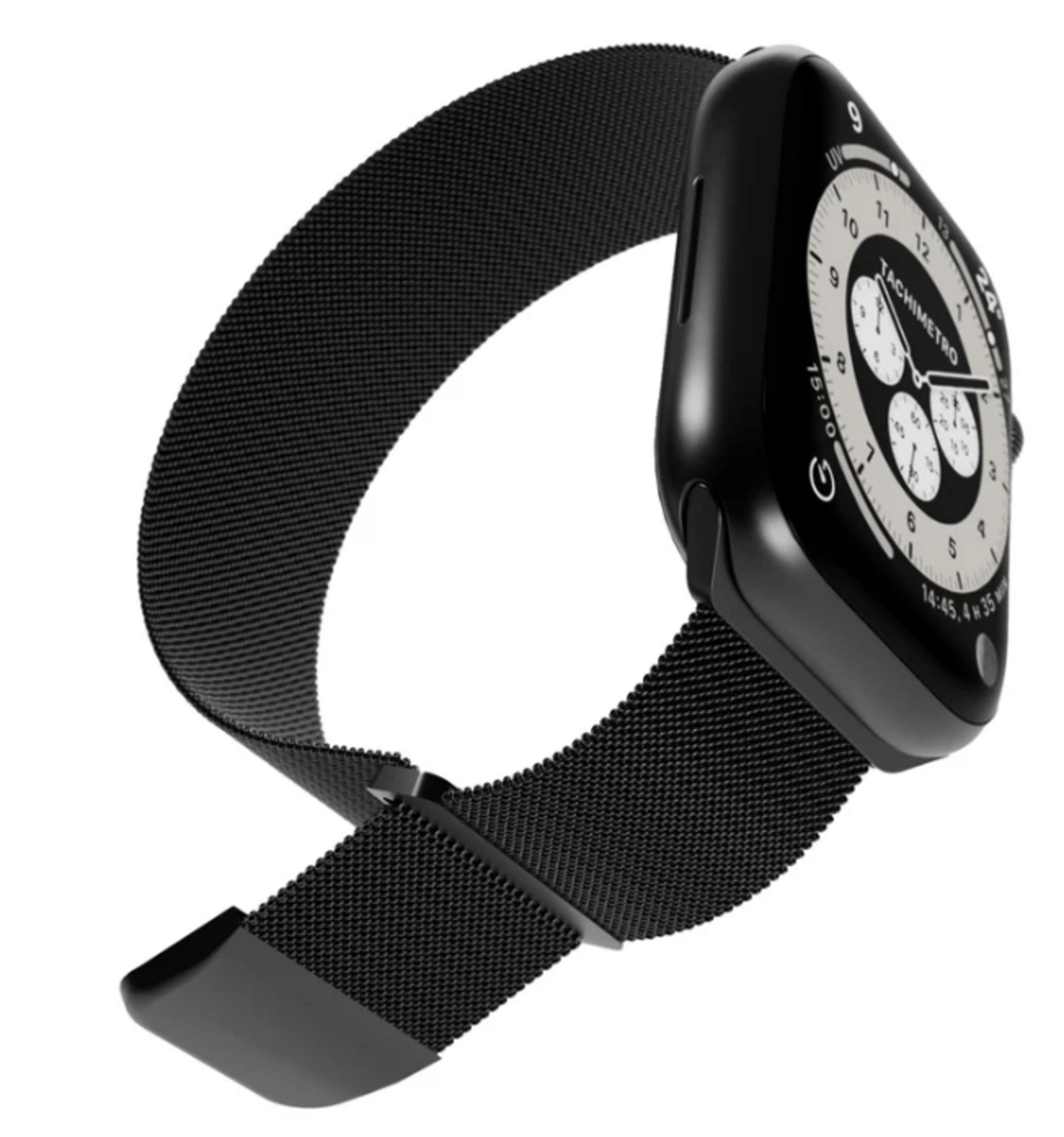 Smartwatch nero con cinturino in maglia su sfondo bianco.