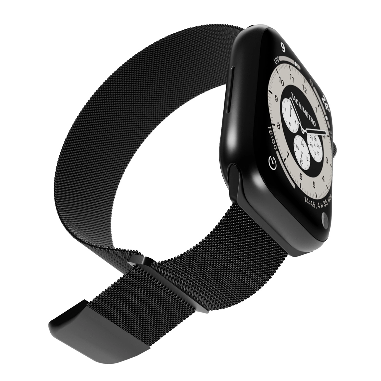 Smartwatch nero con cinturino a maglia e quadrante analogico su sfondo bianco.