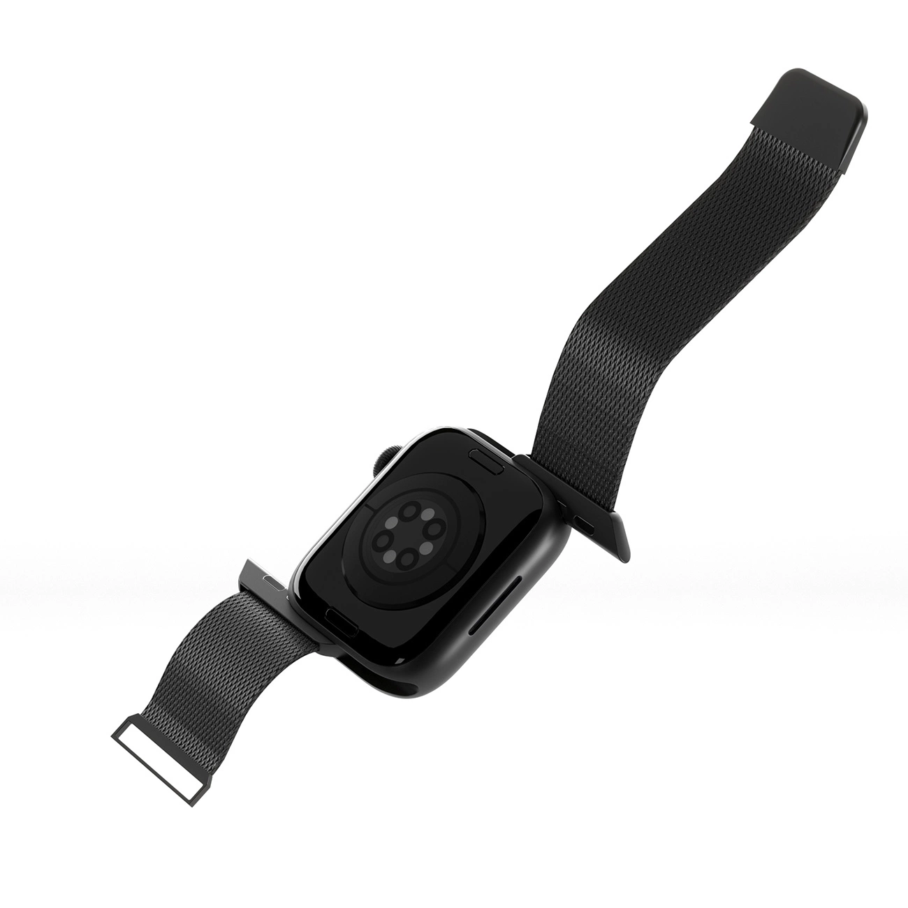 Uno smartwatch nero con cinturino in maglia metallica su sfondo bianco.