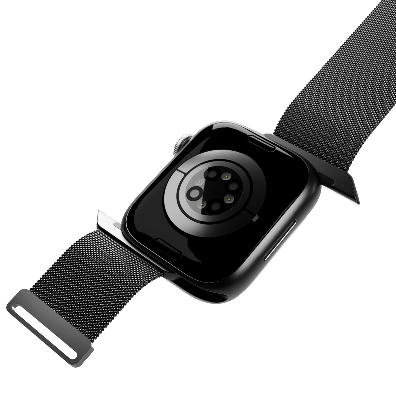 Retro di uno smartwatch nero con cinturino in metallo su sfondo bianco.