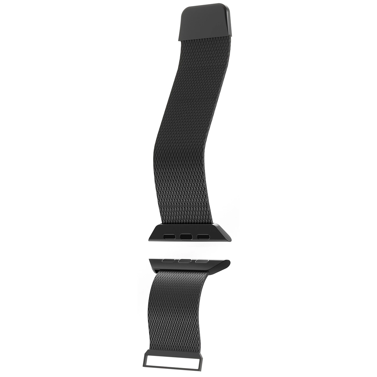 Un cinturino per smartwatch in nylon nero mostrato in due pezzi separati su sfondo bianco.