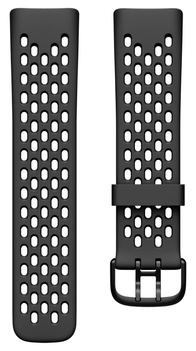 Dos correas de reloj deportivas negras con perforaciones y hebilla sobre fondo blanco.