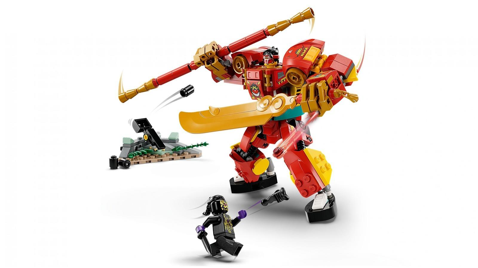 Ein roter Lego-Roboter kämpft mit einer goldenen Klinge gegen eine Minifigur auf weißem Grund.