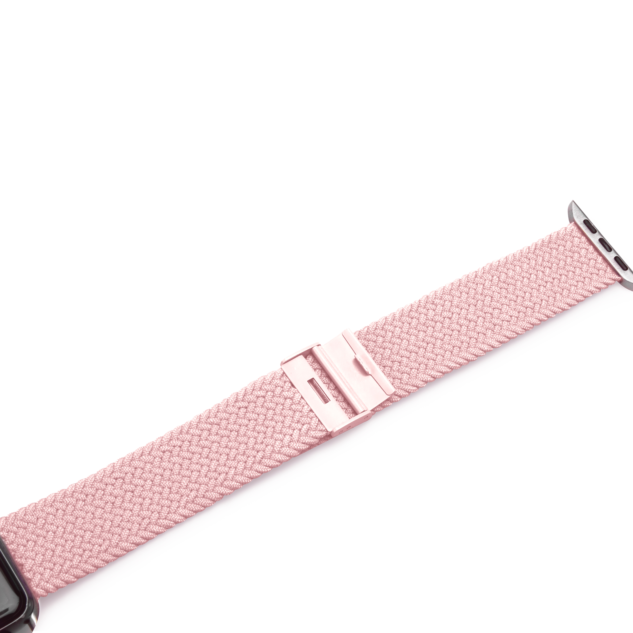 Ein rosafarbenes geflochtenes Uhrenarmband mit einer Metallschnalle vor weißem Hintergrund.