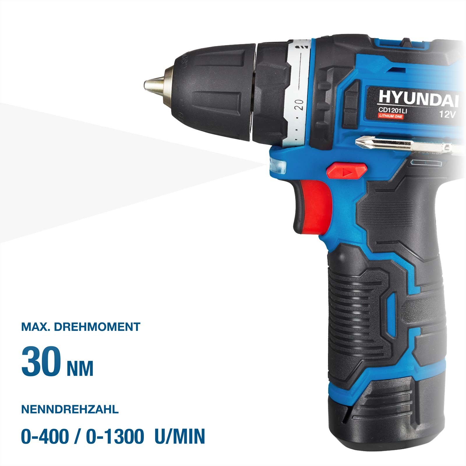 Blaue Hyundai Akkuschrauber mit Beleuchtung, 30 Nm Drehmoment und Technischen Daten.