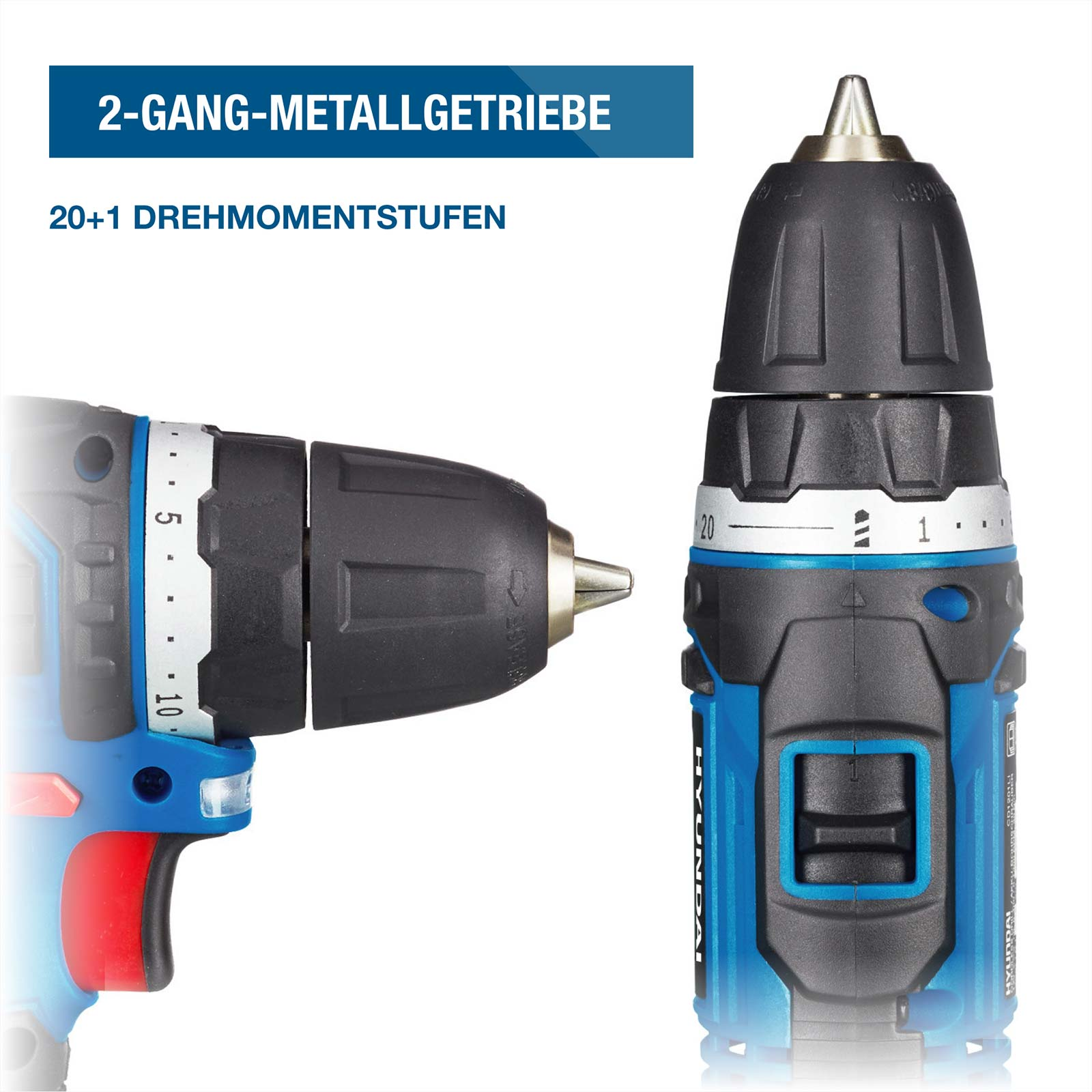 Nahaufnahme eines blauen Akkuschraubers mit Metallgetriebe und Drehmomentstufen.