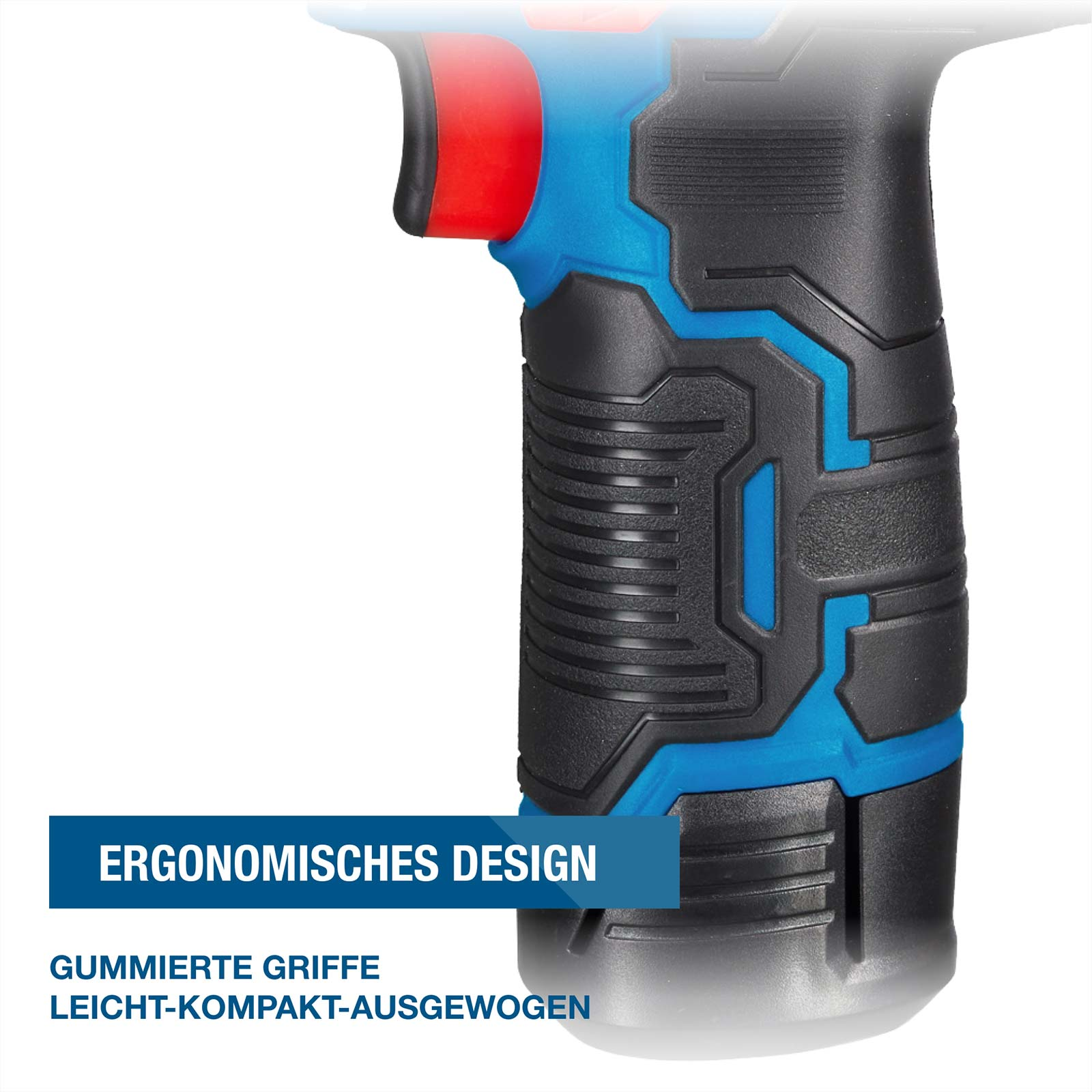 Ergonomischer, gummierter Griff eines blauen und schwarzen Elektrowerkzeugs.